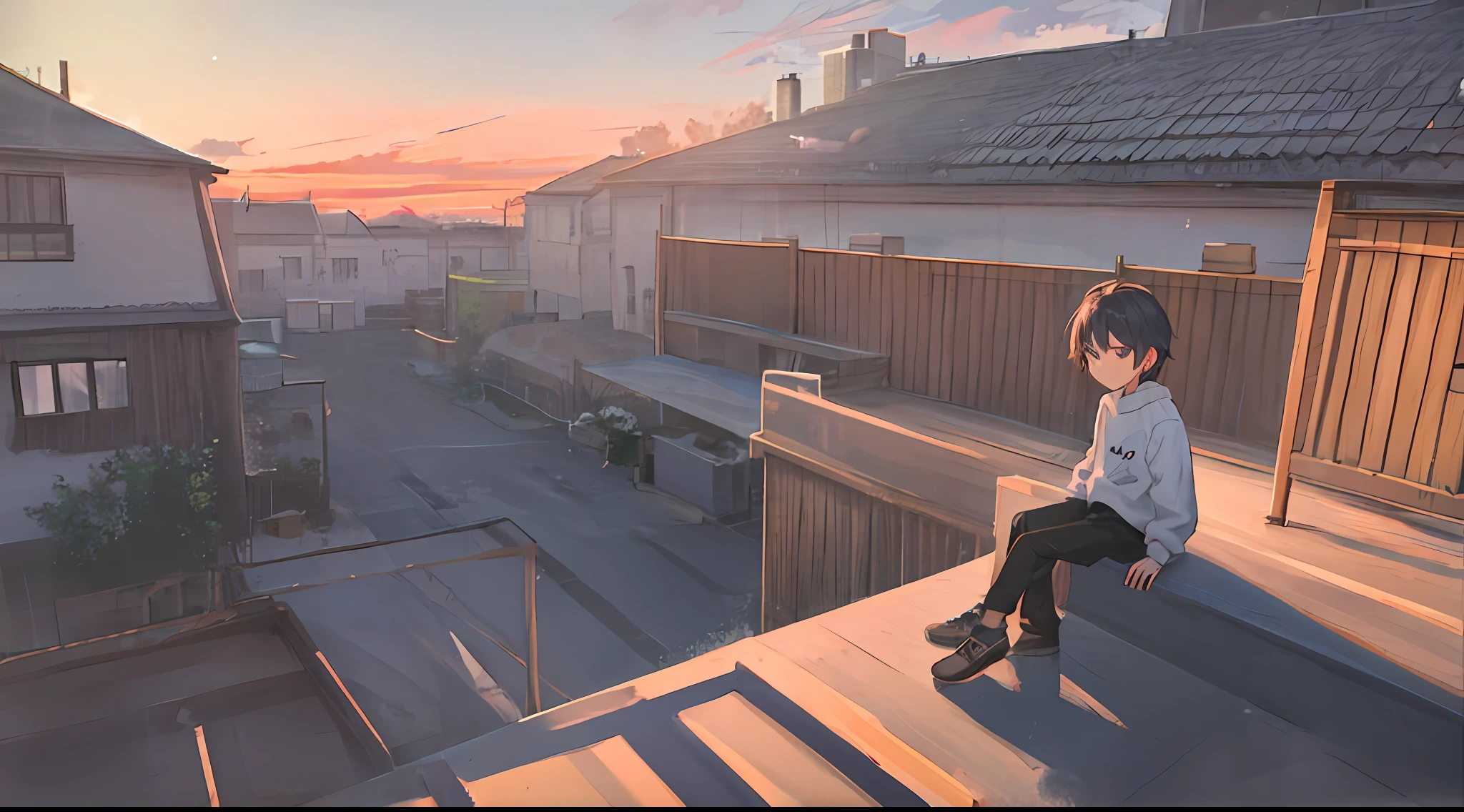 Handsome boy in sweatshirt(Cartoon feel)Sit on the roof,looking at the distance(themoon)(Clouds, Blue sky, Sunset)Grief and thinking about life(grieves)Depressed(There is a sense of picture)Good effect,Nice background and beautiful scenery,Pictures have colors