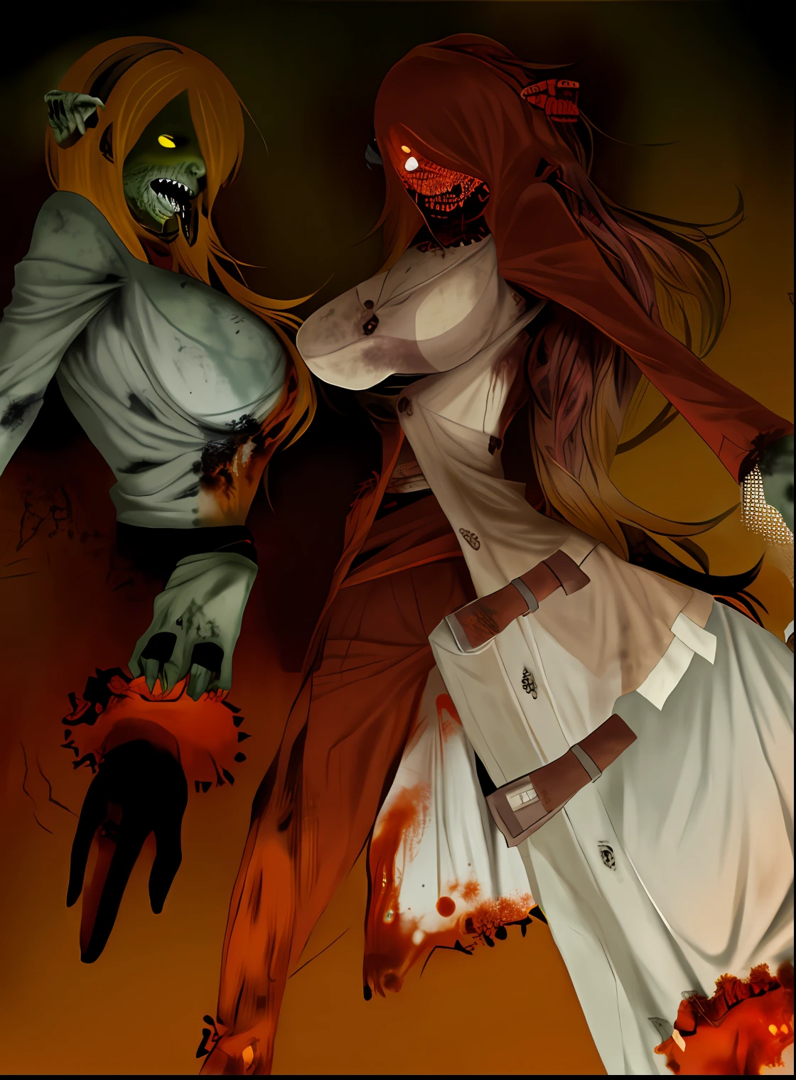 Trnasforme ela em um zumbi, rosto desfigurada, cabelos vermlelhos, morta viva.