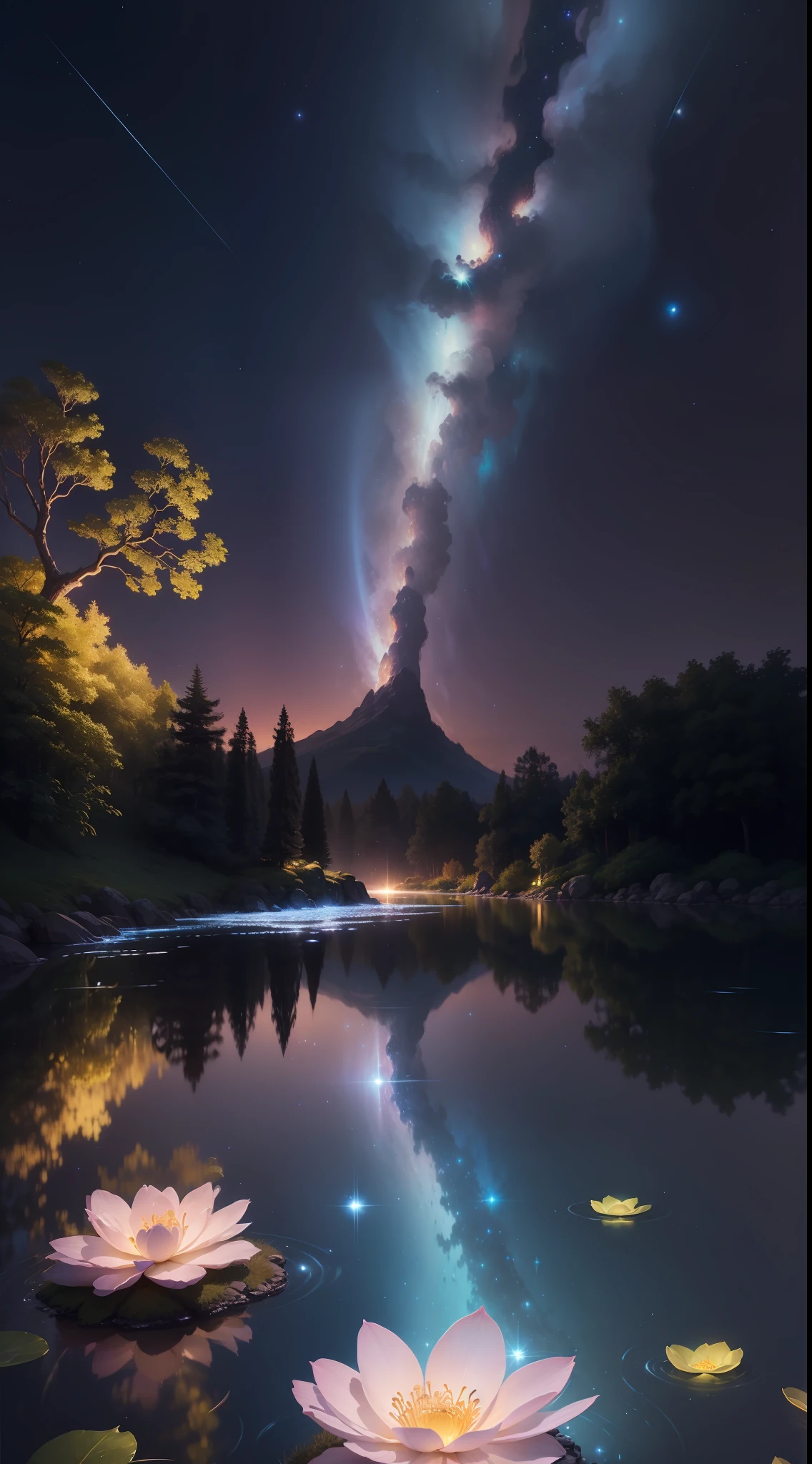 Imagine a breathtaking celestial garden suspended in the vastness of space, bathed in the soft glow of distant stars. The scene is an ethereal blend of natural beauty and cosmic wonder, sure to captivate anyone who gazes upon it.

The centerpiece of the garden is an enchanting, luminescent tree with iridescent leaves that seem to radiate with every color of the rainbow. This mystical tree stands tall and proud, its branches stretching out like tendrils towards the surrounding celestial bodies.

The garden is set upon a floating island, adorned with a carpet of lush, celestial flora. Flowers of unimaginable hues bloom amidst floating rocks, each petal exuding a faint, twinkling glow. Unearthly vines, with tiny star-like fruits, gracefully wrap around crystalline pillars that support the island.

Gentle, cascading waterfalls shimmer with a pearlescent hue, flowing from one floating rock to another, creating a soothing symphony of sound. As the water descends, it forms a small pond, reflecting the surrounding celestial wonders like a mirror.

In the distance, majestic planets and distant galaxies adorn the cosmic horizon, their vibrant colors illuminating the garden with cosmic radiance. Shooting stars streak across the sky, leaving trails of stardust that add a touch of magic to the scenery.

The entire garden is bathed in a surreal, cosmic light, casting soft shadows and creating an atmosphere of serenity and wonder. The twinkling stars above lend an otherworldly charm, inviting viewers to immerse themselves in this celestial oasis.

Overall, "Enchanted Celestial Garden" is a mesmerizing masterpiece that combines the allure of a whimsical garden with the grandeur of the cosmos. It beckons you to escape into a realm where the boundaries of reality and fantasy blur, leaving you with a sense of awe and tranquility.