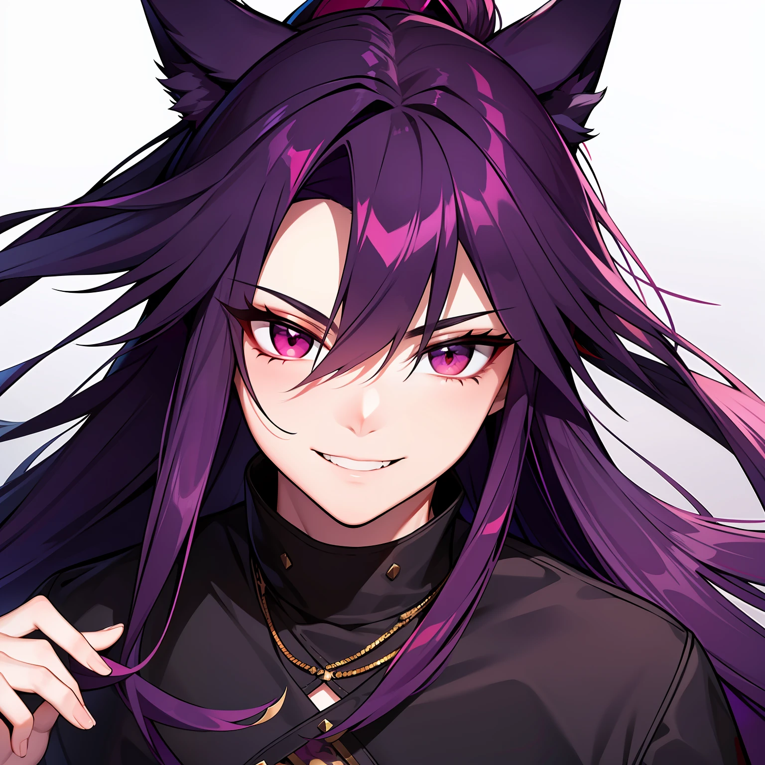 Young guy, pretty facial features, long dark purple hair, half gathered in messy ponytail, half loose, dangerous bright red eyes, black fit clothes with many jewels, fox ears and tail, mad smile