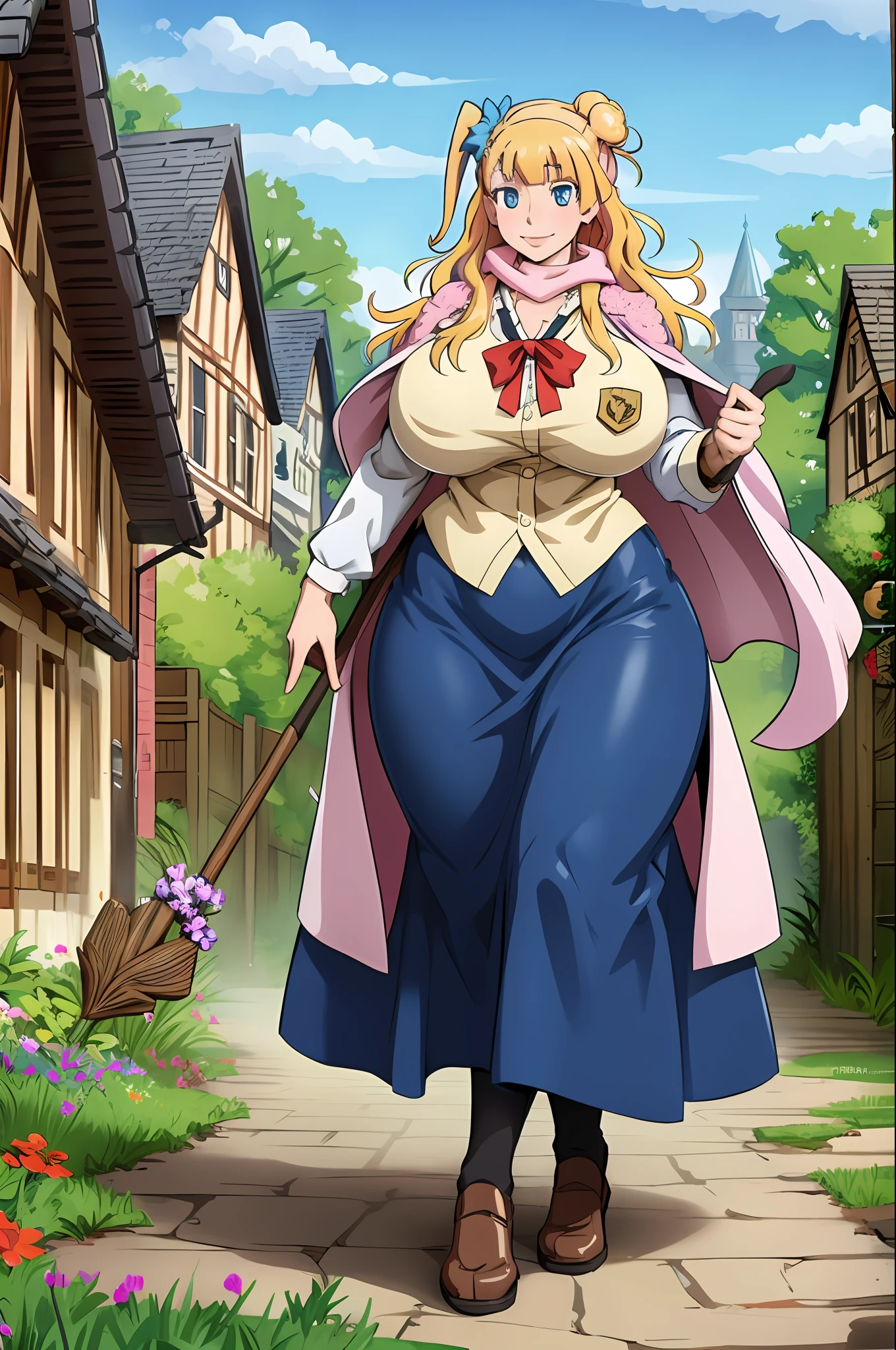 masterpiece, best quality,,gigantic breasts,smile,galko huge breast, mature, long skirt, modes, traditional french cloths, priestess, , walking, medieval village, flowers, fantasy village, staff holding, nun, vest, fur coat,scarf, cape, forest