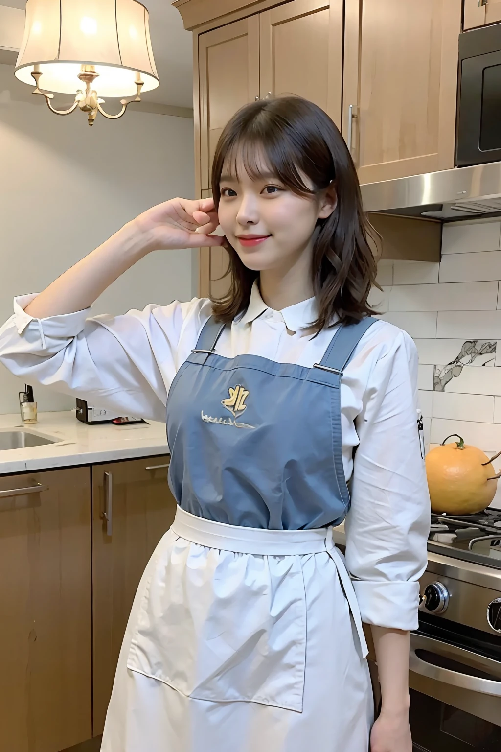 a woman is cooking、(kitchin_Apron:1.Wear 3)、Good Hand、4K、hight resolution、​masterpiece、top-quality、Cap:1.3、((Hasselblad photo))、Fine skin、foco nítido、(lighting like a movie)、Soft lighting、dynamic ungle、[:(详细的脸:1.2):0.2]、Medium chest、sweats streamed skin:1.2、(((In the kitchen))) A smile　Beautiful profile　Colossal tits　Beautiful body　Tying hair　Wide background々and a luxurious living room　Luxurious and luxurious living　Luxurious living room　Beautiful living room　Beautiful living room　A smile　an orange　lemons　A smile　Laughing　banana in　pineapple　Luxurious room　beautiful  lighting　Beautiful lighting　Very large room　very high image quality　very high res　8k Photos　Viewer's Perspective　Very gorgeous kitchen　Luxury Kitchen　　Millionaire Kitchen　Great kitchen　Luxury Kitchen　Luxury Illuminator　very wide々and kitchen　neat and beautiful　Classy and cute　bura　Standing　full body Esbian　Full body　Laughing　Long apron very luxurious life