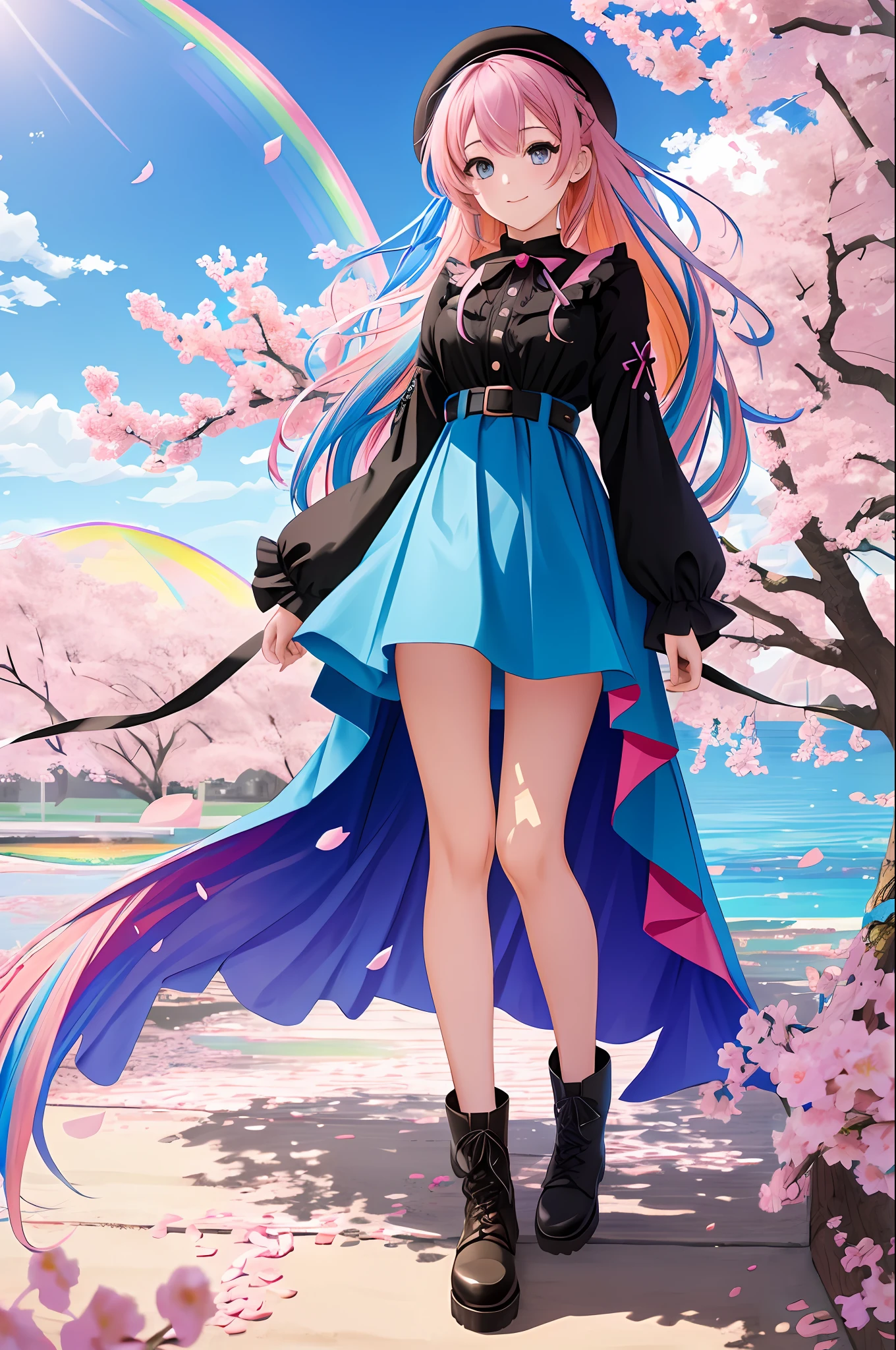 art noveau style,(masterpiece, best quality, ultra-detailed, high-res),perfect face,solo,1girl,(full body),(rainbow color Hair,colorful hair,half blue and half pink hair:1.4),a girl in a dress and boots is walking across a rainbow - colored field with a rainbow - colored sky behind her, Chizuko Yoshida, official art, a detailed painting, color field,petals, petals_on_liquid, falling_petals, rose_petals,cherry_blossoms, cloud, water, sky, solo, smile, blue_hair, ripples, blue_eyes, looking_at_viewer, twilight, flower, black_footwear, leaves_in_wind, sunset, boots, wind, ocean, outdoors, long_hair