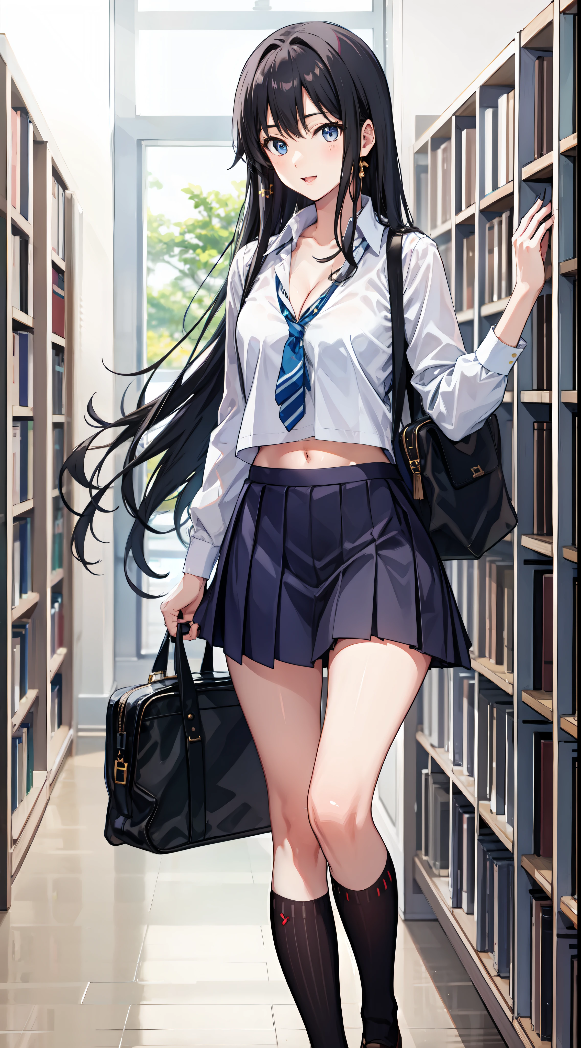 Yukino yukinoshita, long hair, cleavage, navel, slim legs, black hair, blue eyes,  short skirt, thigh high socks, teen, happy, school uniform, library, leaning
