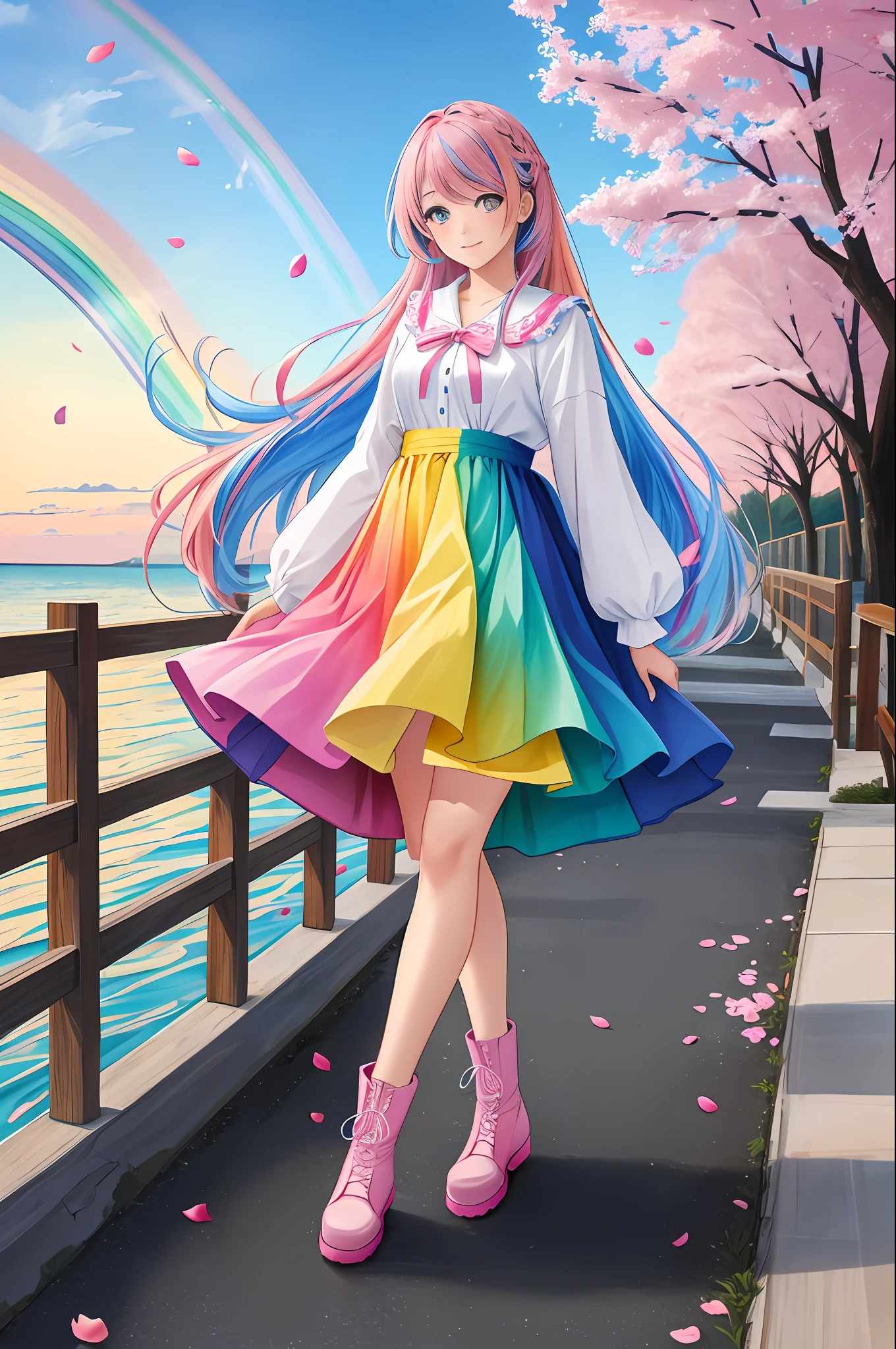 art noveau style,(masterpiece, best quality, ultra-detailed, high-res),perfect face,solo,1girl,(full body),(rainbow color Hair,colorful hair,half blue and half pink hair:1.4),a girl in a dress and boots is walking across a rainbow - colored field with a rainbow - colored sky behind her, Chizuko Yoshida, official art, a detailed painting, color field,petals, petals_on_liquid, falling_petals, rose_petals,cherry_blossoms, cloud, water, sky, solo, smile, blue_hair, ripples, blue_eyes, looking_at_viewer, twilight, flower, black_footwear, leaves_in_wind, sunset, boots, wind, ocean, outdoors, long_hair