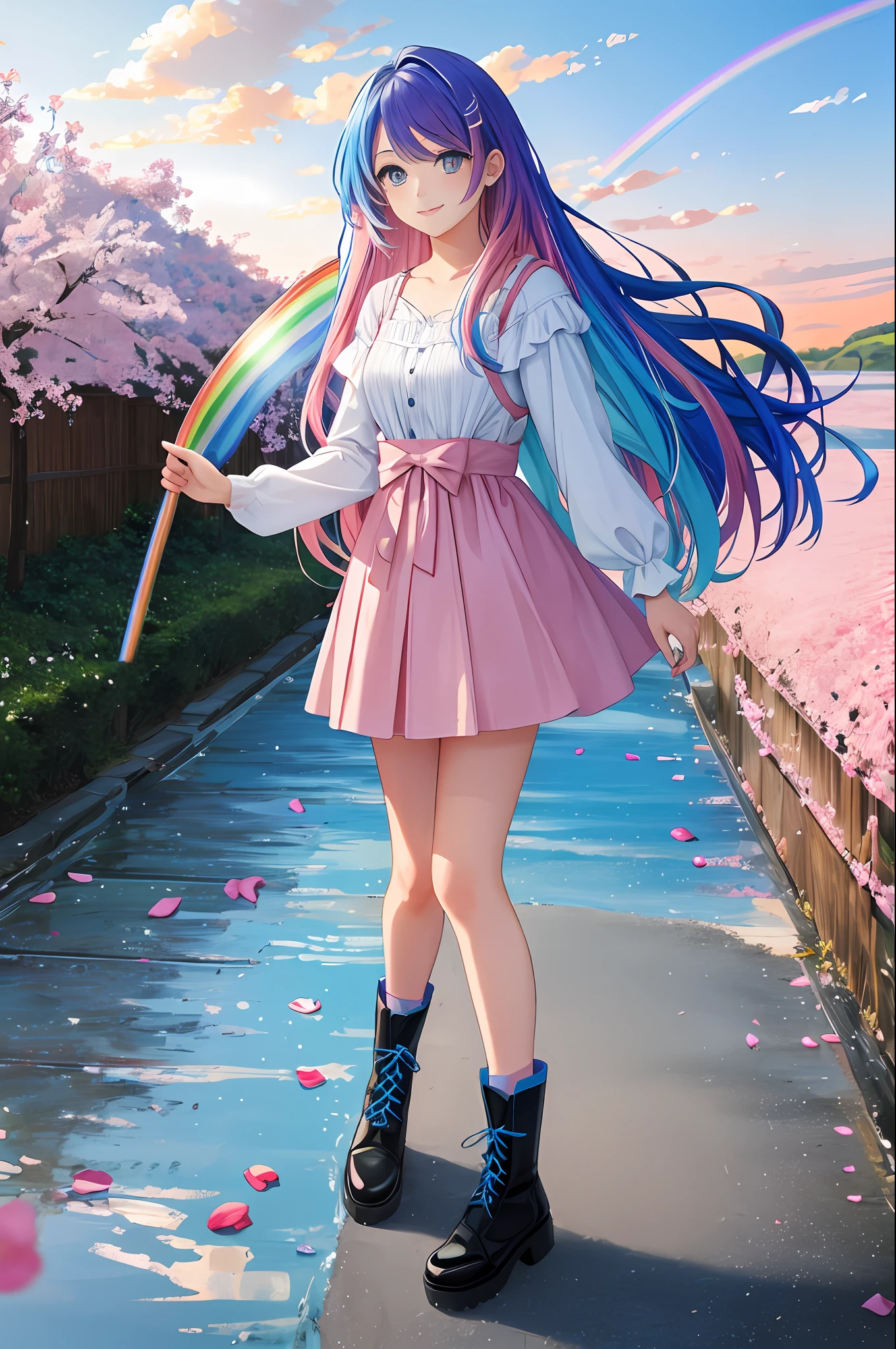 art noveau style,(masterpiece, best quality, ultra-detailed, high-res),perfect face,solo,1girl,(full body),(rainbow color Hair,colorful hair,half blue and half pink hair:1.4),a girl in a dress and boots is walking across a rainbow - colored field with a rainbow - colored sky behind her, Chizuko Yoshida, official art, a detailed painting, color field,petals, petals_on_liquid, falling_petals, rose_petals,cherry_blossoms, cloud, water, sky, solo, smile, blue_hair, ripples, blue_eyes, looking_at_viewer, twilight, flower, black_footwear, leaves_in_wind, sunset, boots, wind, ocean, outdoors, long_hair