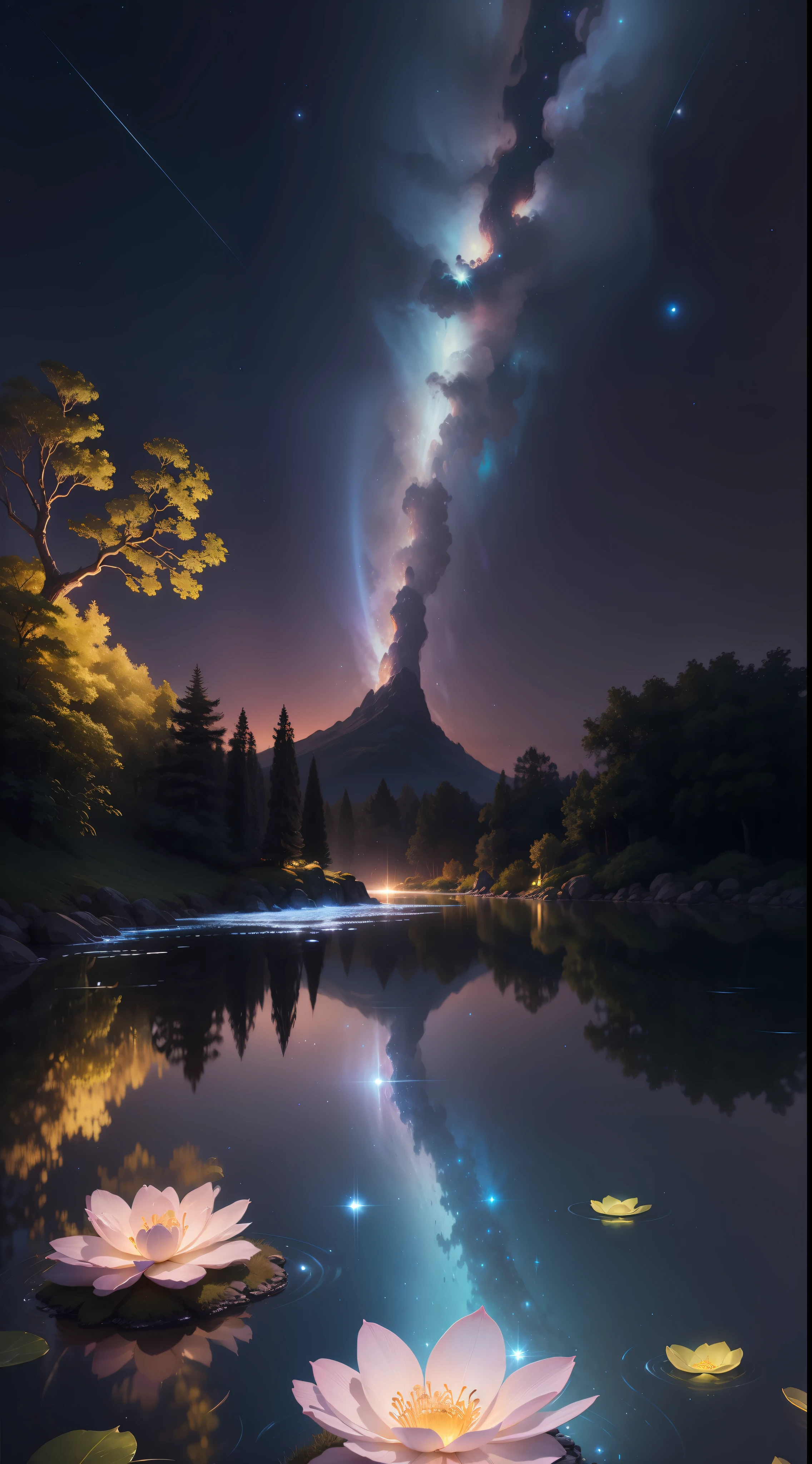 Imagine a breathtaking celestial garden suspended in the vastness of space, bathed in the soft glow of distant stars. The scene is an ethereal blend of natural beauty and cosmic wonder, sure to captivate anyone who gazes upon it.

The centerpiece of the garden is an enchanting, luminescent tree with iridescent leaves that seem to radiate with every color of the rainbow. This mystical tree stands tall and proud, its branches stretching out like tendrils towards the surrounding celestial bodies.

The garden is set upon a floating island, adorned with a carpet of lush, celestial flora. Flowers of unimaginable hues bloom amidst floating rocks, each petal exuding a faint, twinkling glow. Unearthly vines, with tiny star-like fruits, gracefully wrap around crystalline pillars that support the island.

Gentle, cascading waterfalls shimmer with a pearlescent hue, flowing from one floating rock to another, creating a soothing symphony of sound. As the water descends, it forms a small pond, reflecting the surrounding celestial wonders like a mirror.

In the distance, majestic planets and distant galaxies adorn the cosmic horizon, their vibrant colors illuminating the garden with cosmic radiance. Shooting stars streak across the sky, leaving trails of stardust that add a touch of magic to the scenery.

The entire garden is bathed in a surreal, cosmic light, casting soft shadows and creating an atmosphere of serenity and wonder. The twinkling stars above lend an otherworldly charm, inviting viewers to immerse themselves in this celestial oasis.

Overall, "Enchanted Celestial Garden" is a mesmerizing masterpiece that combines the allure of a whimsical garden with the grandeur of the cosmos. It beckons you to escape into a realm where the boundaries of reality and fantasy blur, leaving you with a sense of awe and tranquility.