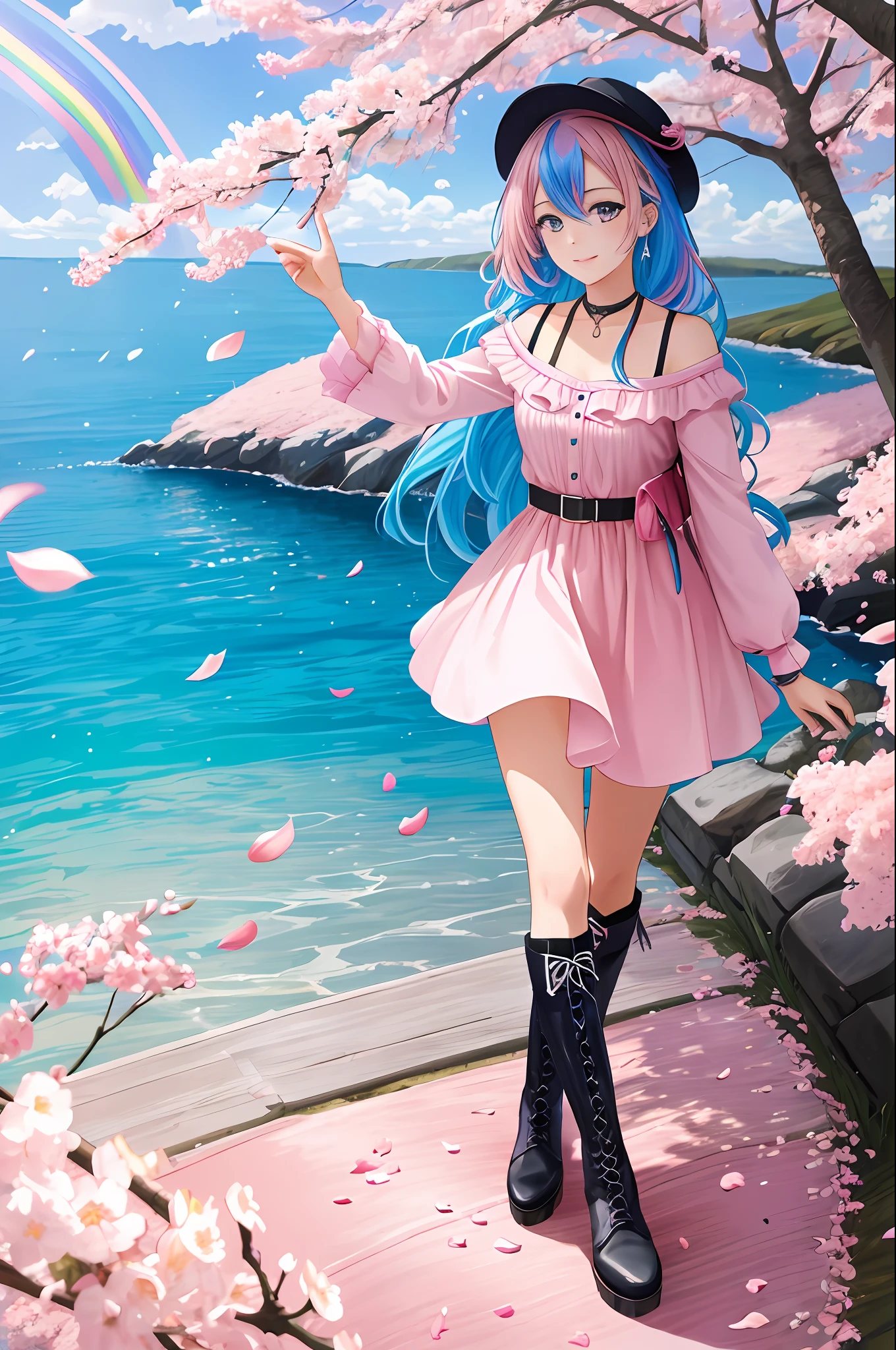 art noveau style,(masterpiece, best quality, ultra-detailed, high-res),perfect face,solo,1girl,(full body),(rainbow color Hair,colorful hair,half blue and half pink hair:1.4),a girl in a dress and boots is walking across a rainbow - colored field with a rainbow - colored sky behind her, Chizuko Yoshida, official art, a detailed painting, color field,petals, petals_on_liquid, falling_petals, rose_petals,cherry_blossoms, cloud, water, sky, solo, smile, blue_hair, ripples, blue_eyes, looking_at_viewer, twilight, flower, black_footwear, leaves_in_wind, sunset, boots, wind, ocean, outdoors, long_hair
