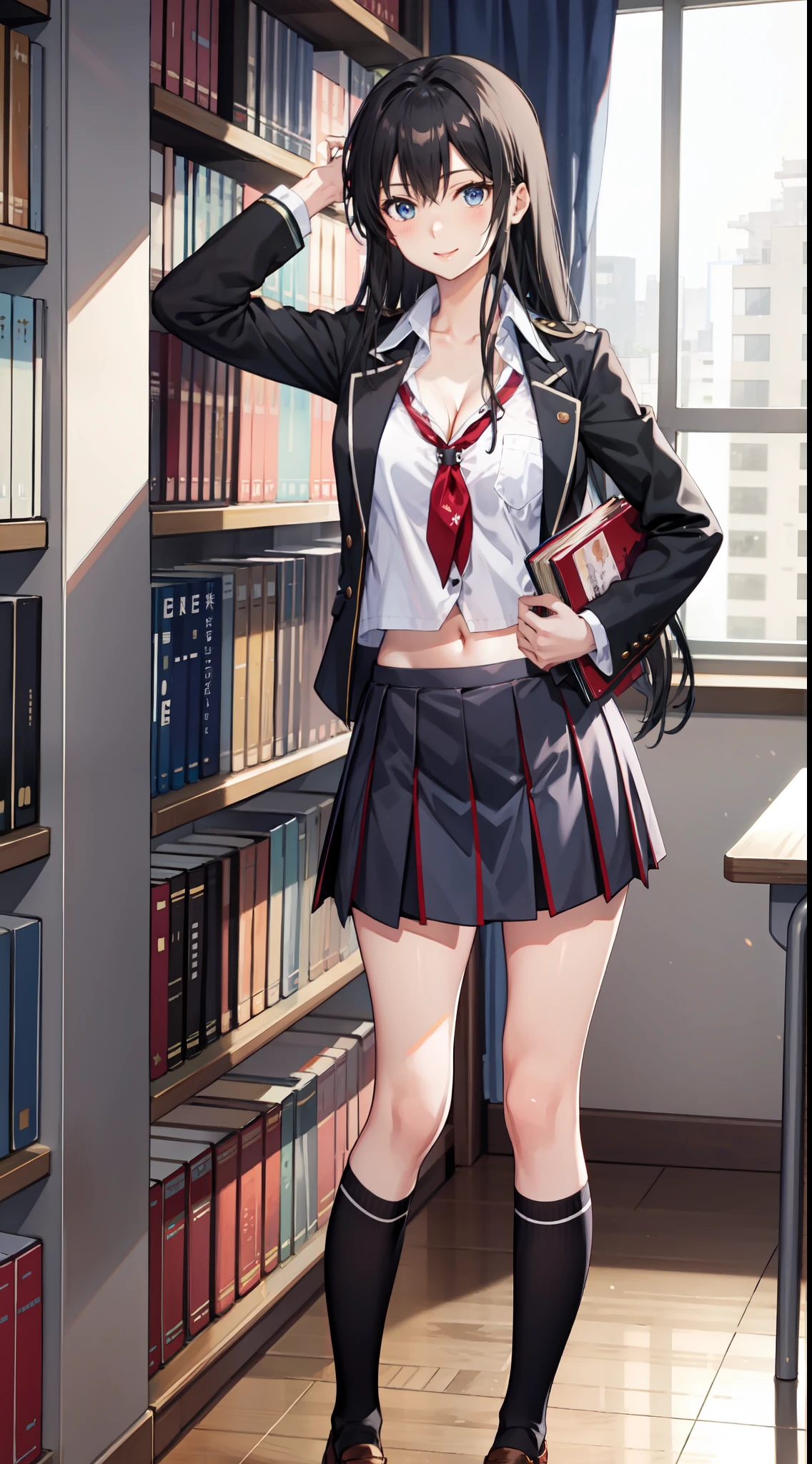 Yukino yukinoshita, long hair, cleavage, navel, slim legs, black hair, blue eyes,  short skirt, thigh high socks, teen, happy, school uniform, library, leaning