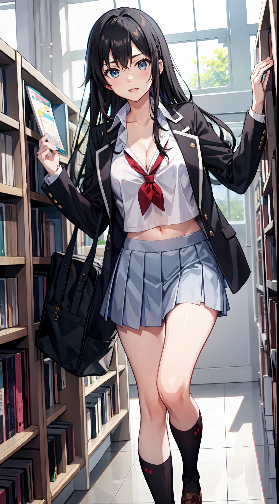 Yukino yukinoshita, long hair, cleavage, navel, slim legs, black hair, blue eyes, short skirt, thigh high socks, , happy, school uniform, library, leaning
