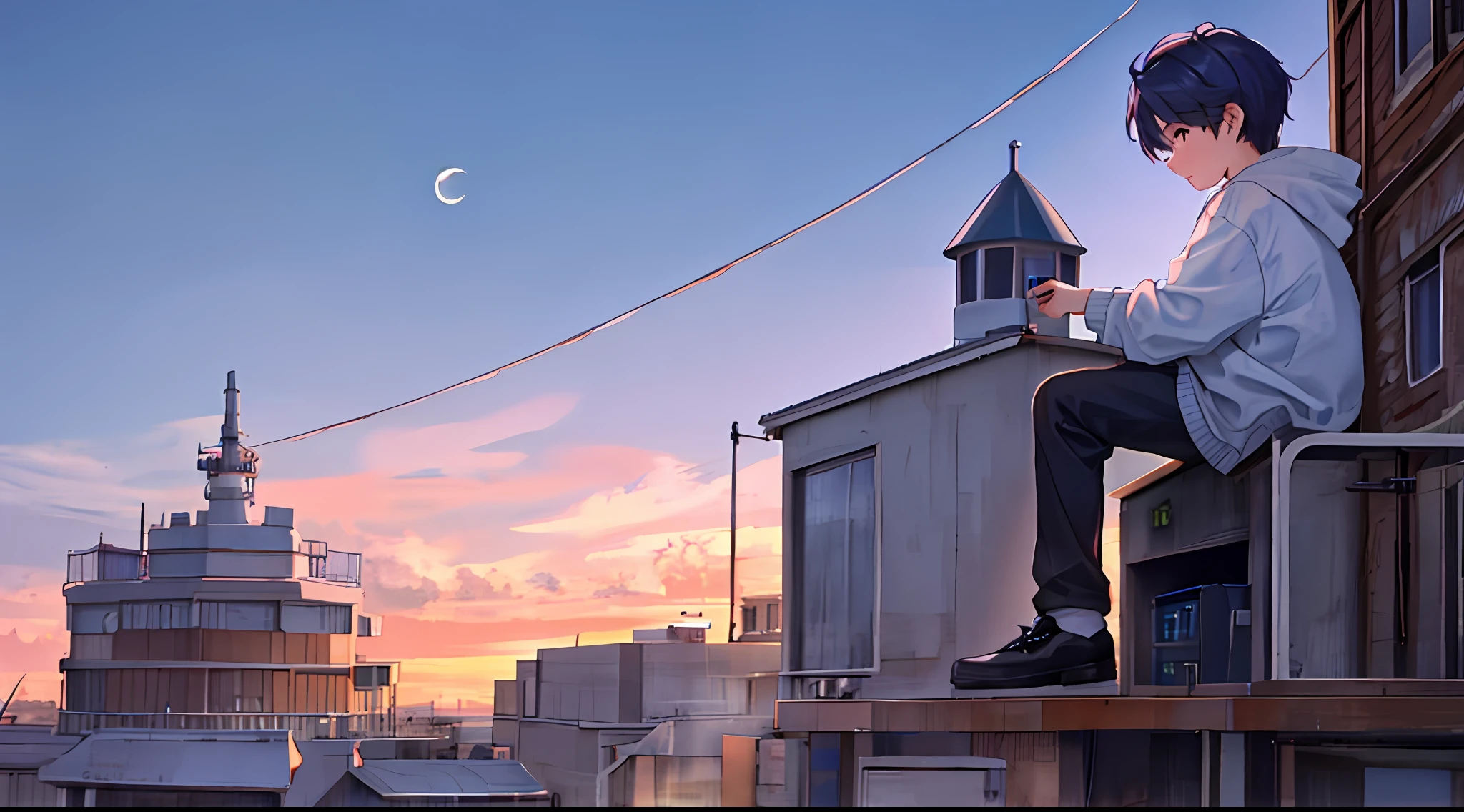 Handsome in sweatshirt(Cartoon feel)Sit on the roof,looking at the distance(themoon)(Clouds, Blue sky, Sunset)Grief and thinking about life(grieves)Depressed(There is a sense of picture)Good effect,Nice background and beautiful scenery,Pictures have colors