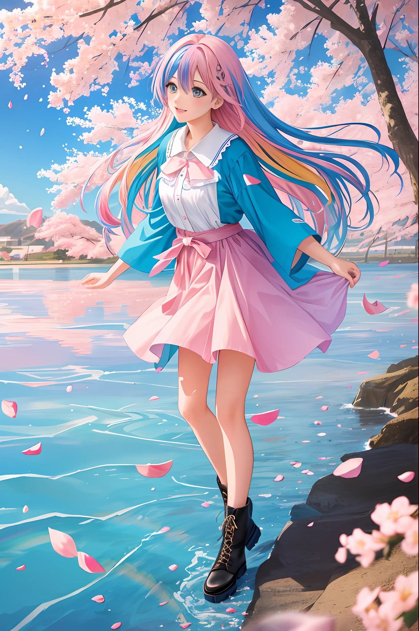 art noveau style,(masterpiece, best quality, ultra-detailed, high-res),perfect face,solo,1girl,(full body),(rainbow color Hair,colorful hair,half blue and half pink hair:1.4),a girl in a dress and boots is walking across a rainbow - colored field with a rainbow - colored sky behind her, Chizuko Yoshida, official art, a detailed painting, color field,petals, petals_on_liquid, falling_petals, rose_petals,cherry_blossoms, cloud, water, sky, solo, smile, blue_hair, ripples, blue_eyes, looking_at_viewer, twilight, flower, black_footwear, leaves_in_wind, sunset, boots, wind, ocean, outdoors, long_hair