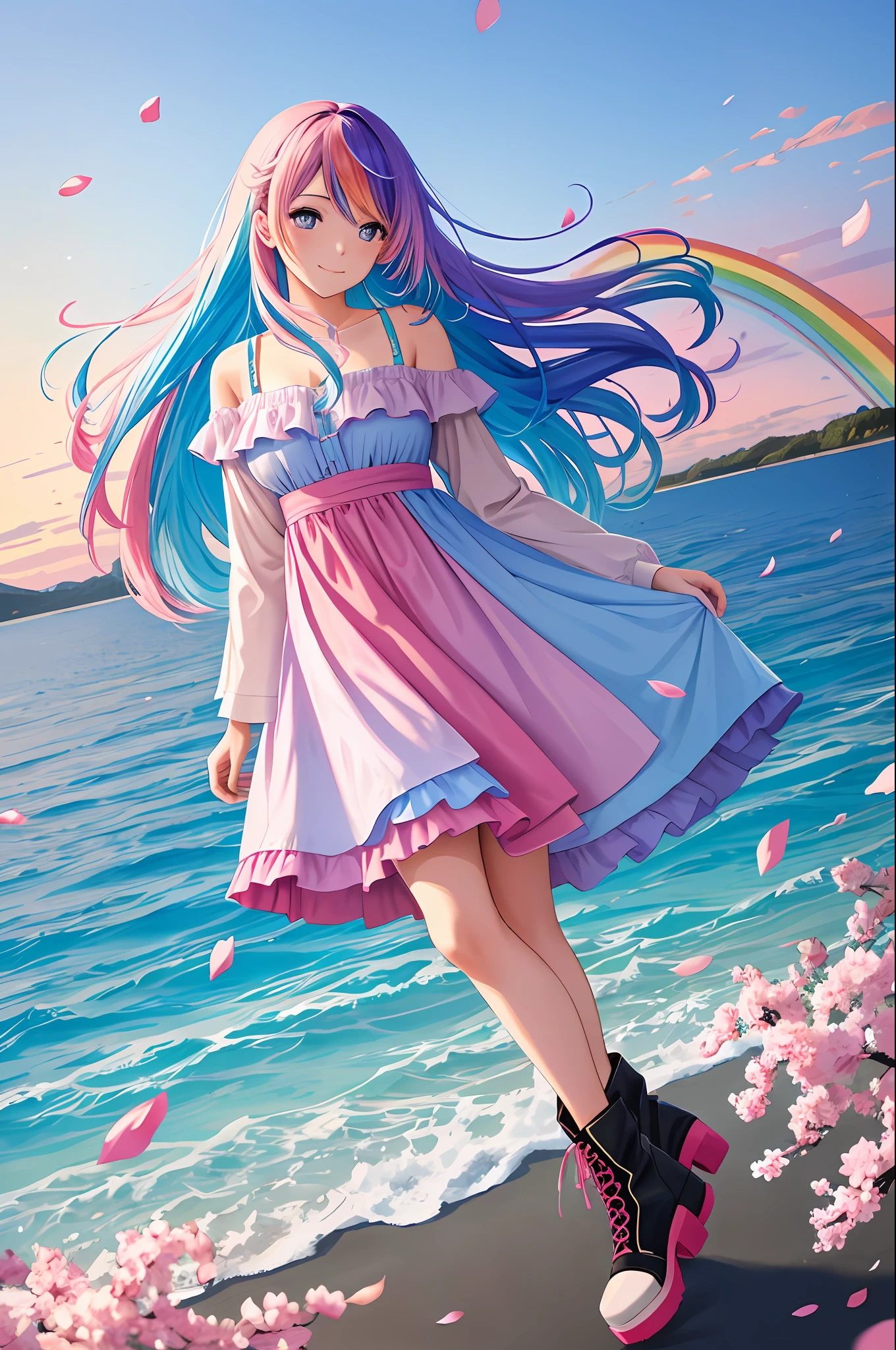 art noveau style,(masterpiece, best quality, ultra-detailed, high-res),perfect face,solo,1girl,(full body),(rainbow color Hair,colorful hair,half blue and half pink hair:1.4),a girl in a dress and boots is walking across a rainbow - colored field with a rainbow - colored sky behind her, Chizuko Yoshida, official art, a detailed painting, color field,petals, petals_on_liquid, falling_petals, rose_petals,cherry_blossoms, cloud, water, sky, solo, smile, blue_hair, ripples, blue_eyes, looking_at_viewer, twilight, flower, black_footwear, leaves_in_wind, sunset, boots, wind, ocean, outdoors, long_hair