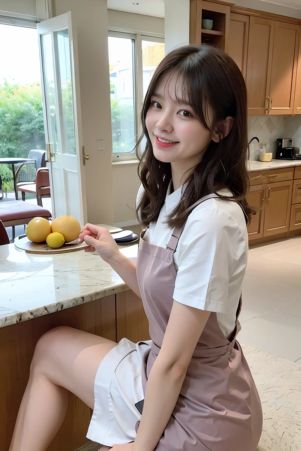 a woman is cooking、(kitchin_Apron:1.Wear 3)、Good Hand、4K、hight resolution、​masterpiece、top-quality、Cap:1.3、((Hasselblad photo))、Fine skin、foco nítido、(lighting like a movie)、Soft lighting、dynamic ungle、[:(详细的脸:1.2):0.2]、Medium chest、sweats streamed skin:1.2、(((In the kitchen))) A smile　Beautiful profile　Colossal tits　Beautiful body　Tying hair　Wide background々and a luxurious living room　Luxurious and luxurious living　Luxurious living room　Beautiful living room　Beautiful living room　A smile　an orange　lemons　A smile　Laughing　banana in　pineapple　Luxurious room　beautiful  lighting　Beautiful lighting　Very large room　very high image quality　very high res　8k Photos　Viewer's Perspective　Very gorgeous kitchen　Luxury Kitchen　　Millionaire Kitchen　Great kitchen　Luxury Kitchen　Luxury Illuminator　very wide々and kitchen　neat and beautiful　Classy and cute　bura　Standing　full body Esbian　Full body　Laughing　Long apron very luxurious life　Long skirt