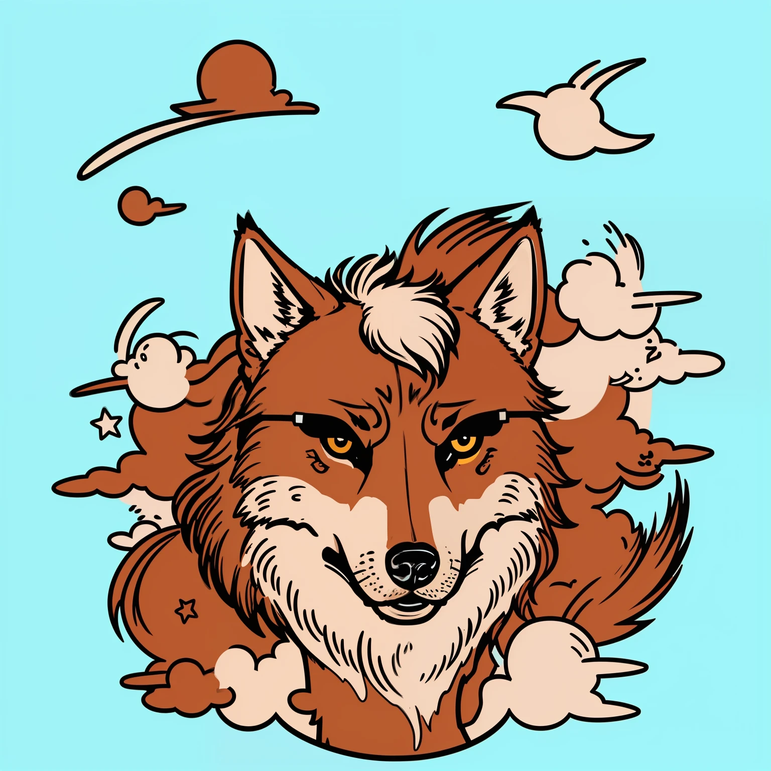 "Simple vector art style line art of a wolf wearing sunglasses and a t-shirt."