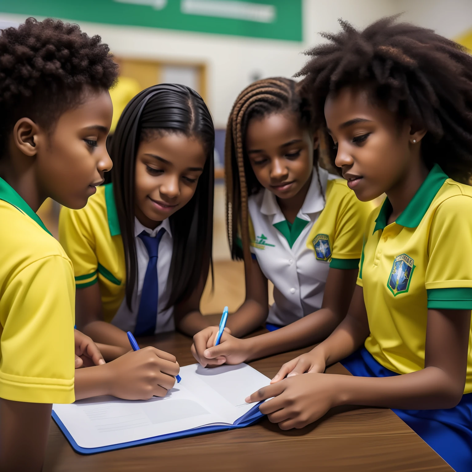 Imagem de estudantes realizando escrita de projeto social, realista, 4K, public school, Brasil, jovens negros, adolescentes 17 anos, high level of detail