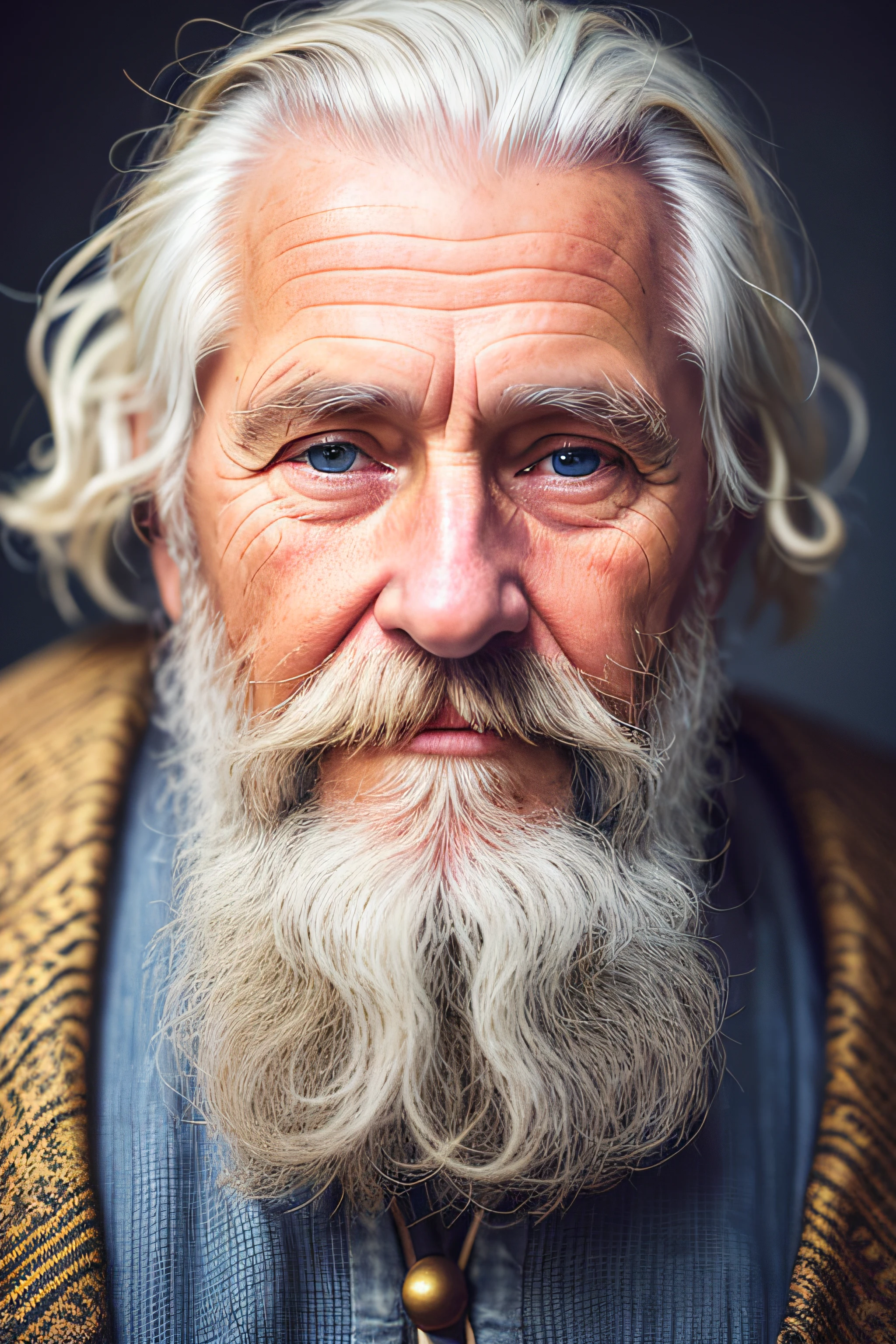 dark theme, ultra resolution, hyper realistic, hdr, absyrdres, cinematic shot, vignette, centered, short DOF,
a closeup portrait of an old man, Scandinavian, looking at camera,
blue old eyes,
short white hair, one braided hair curl, white VIKING BEARD,
missing teeth,
narrow face
dark skin, wide shoulders, weathered by sun and sat water,
royal doublet with gold patterns,
royal chambers
camera focus on an eye, high focal length, dslr, 200mm lens,
photo by Cristina Otero, dark studio, rim lighting, two tone lighting, dimly lit, low key, backlight,