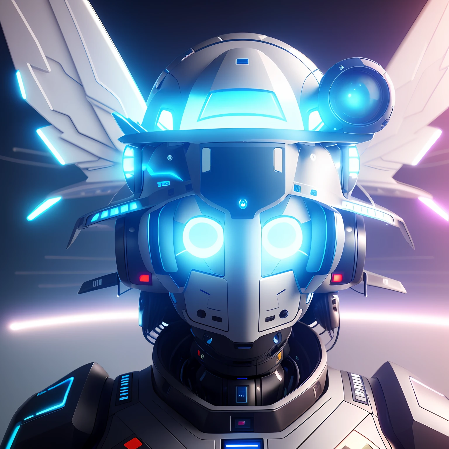 a close up of a robot with a helmet and wings, 4k solarpunk wallpaper, style hybrid mix of beeple, in style of beeple, futuristic astronaut, beeple style, 3 d render beeple, beeple artwork, with futuristic gear and helmet, 3d digital art 4k, glowing eyes in helmet, space armor