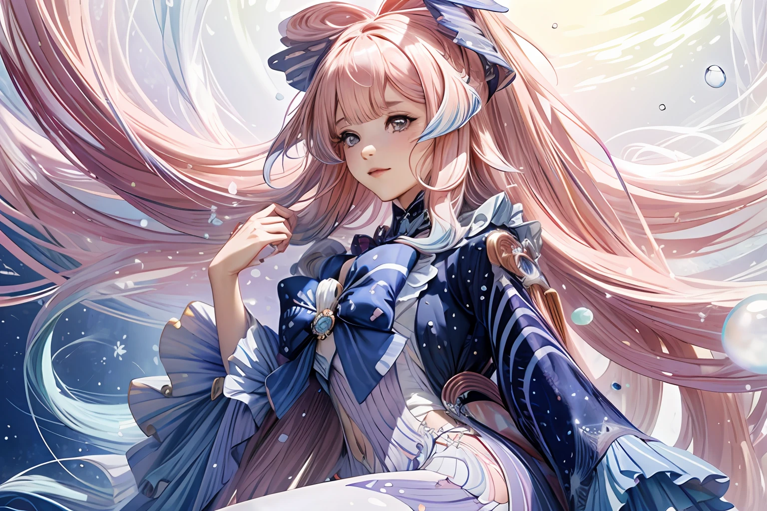 (masterpiece, top quality, best quality, official art, beautiful and aesthetic:1.2), (1girl),extreme detailed,(fractal art:1.5),colorful,highest detailed,[pink waves| iridescent pearls]hair, very long hair,(Scattered), (flowing hair:1.5),floating pastel pink hair, translucent clothes, big bow on her chest, surrounded by pearls and seashells, underwater, cinematic light, dark blue long sleeves, long white stockings, bubbles, jellyfish