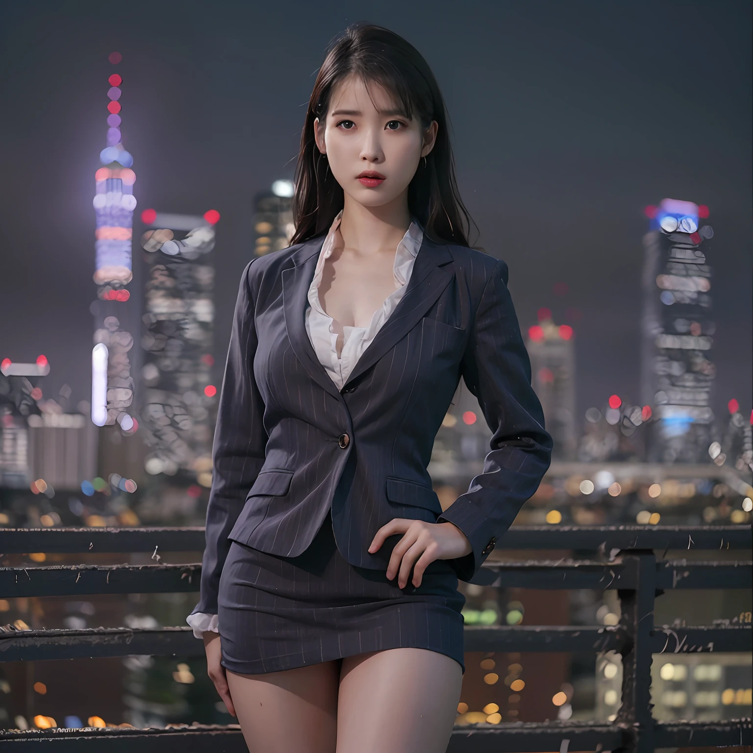 nikon RAW photo,8 k,Fujifilm XT3,photorealistic,realistic, solo, photorealistic, best quality, ultra high res, (skin spots:0.1) serious expression, , standing against a city skyline at night,business suits, short, wet and tight shirt,Suit skirt beautiful, masterpiece, best quality, extremely detailed face, perfect lighting, solo,1girl, sexy sight best quality, ultra high res, photorealistic, ultra detailed, masterpiece, best quality, iu1, big buttocks