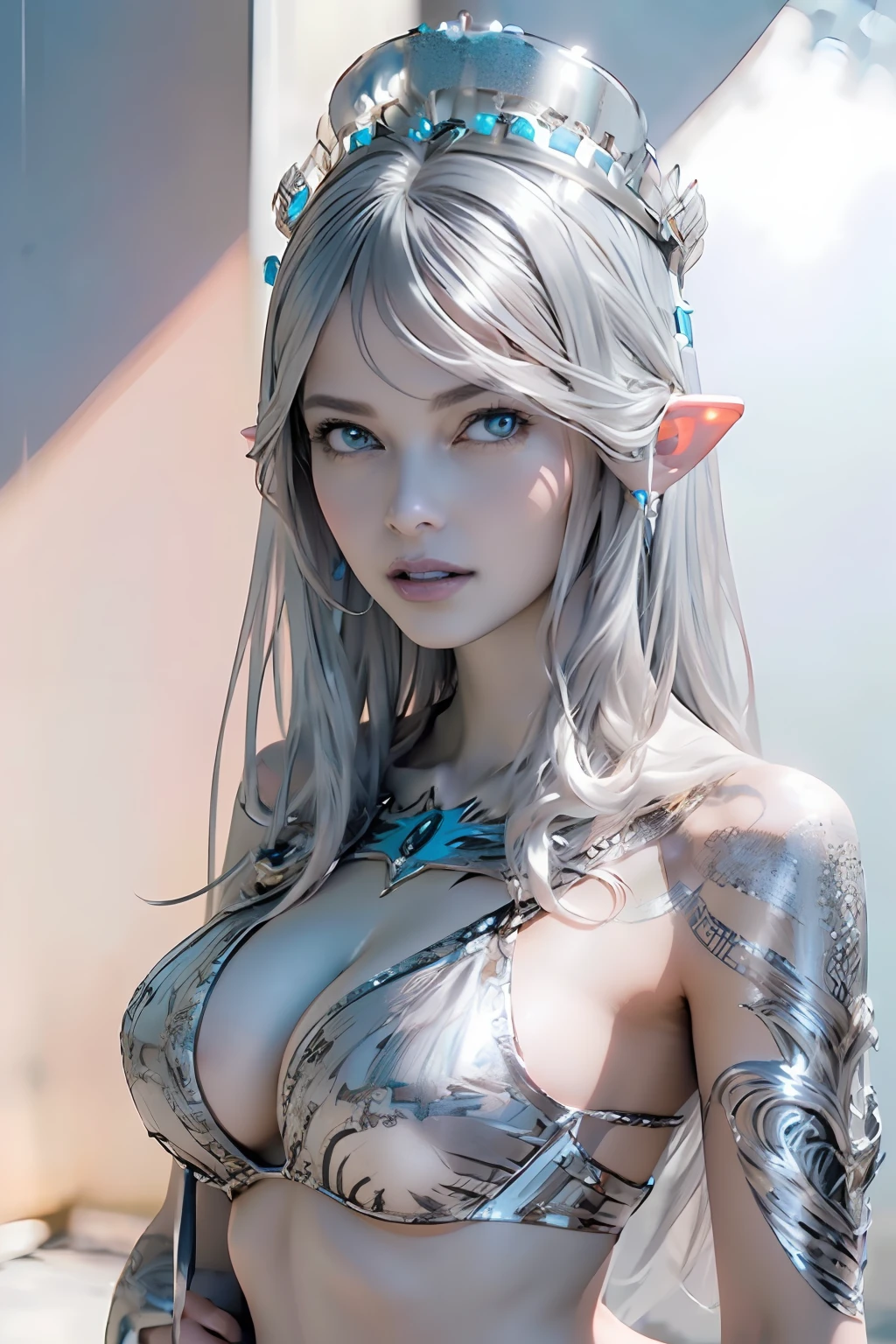 Ultra-detailed complex 3D rendering of the face, (masterpiece, top quality, octane rendering,), glamour shots full body image, very beautiful young elves, cleavage, (highly detailed skin: 1.2), (exposure: 1.1), ((blue micro bikini: 1.95)))). , 8k, (((very soft breasts)), (((conspicuous large pink areola)), beautiful Caucasian woman with white skin with full soft breasts with big buttocks, one, long braided hair, big breasts, dynamic angles, (((huge breasts: 2.4)), ultra-realistic photos, ((((((silver hair)))), futuristic urban background, facial muscles, (((((detailed and glamorous silver crown)))), In the style of Marvel Comics, ArtStation Trends, Clear Focus, Intricate Details, Very Detailed, Detailed Green Eyes, Sharp Focus, Digital Rendering, Professional, Abs, Lip Gloss, Glossy Skin, Sexy Pose, Golden Tattoo All Over Body, Silver Pattern All Over Body, Silver Lame Skin, Gold Glitter Skin, Mansuji, Buttocks, Jeweled All Over the Body, with silver scales, silver hair,