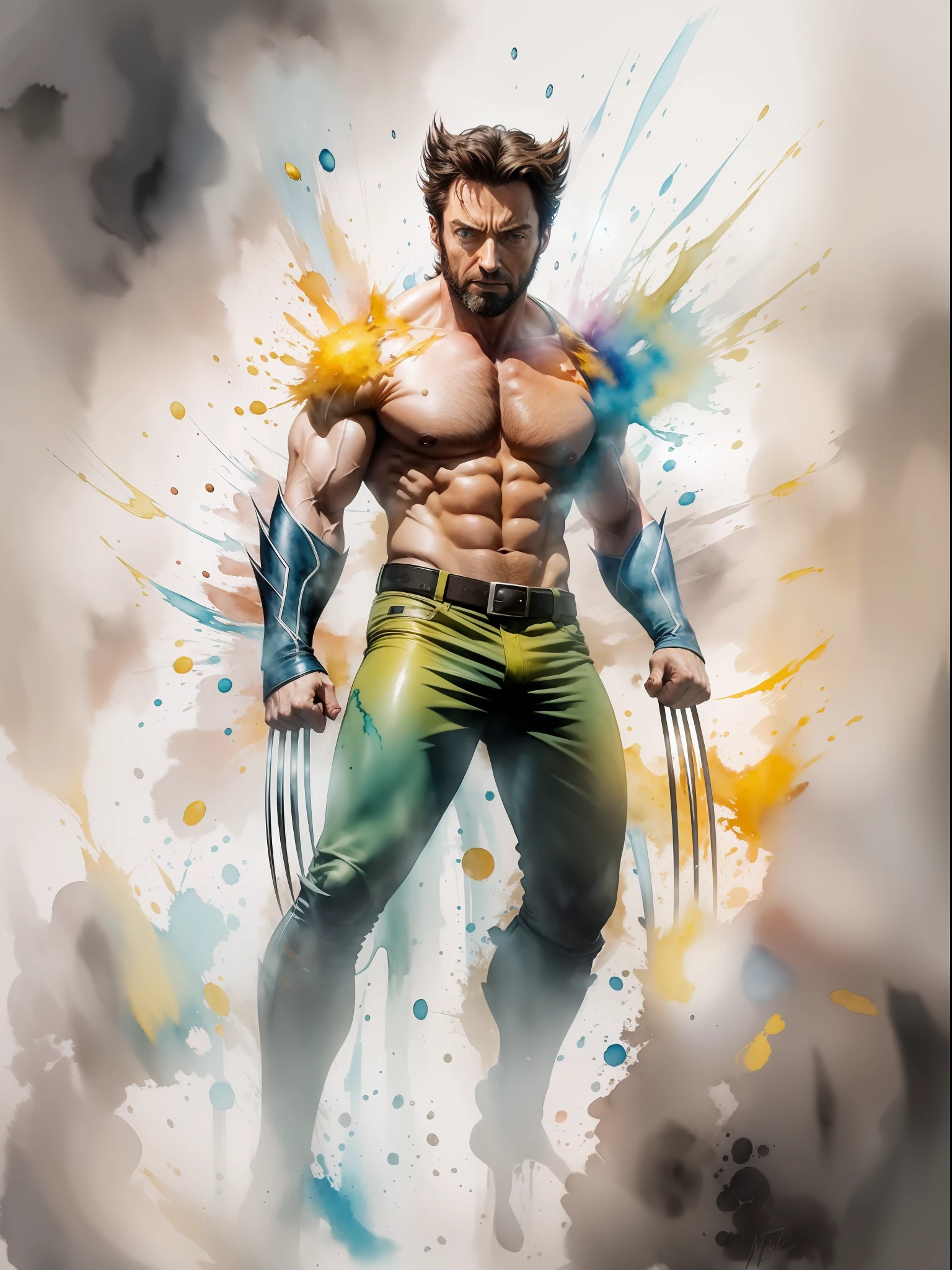 In this captivating watercolor art, Hugh Jackman's Wolverine X-man, charisma bursts forth in splashes of color. The dynamic watercolors capture his versatile talent and striking presence, creating an exquisite portrait