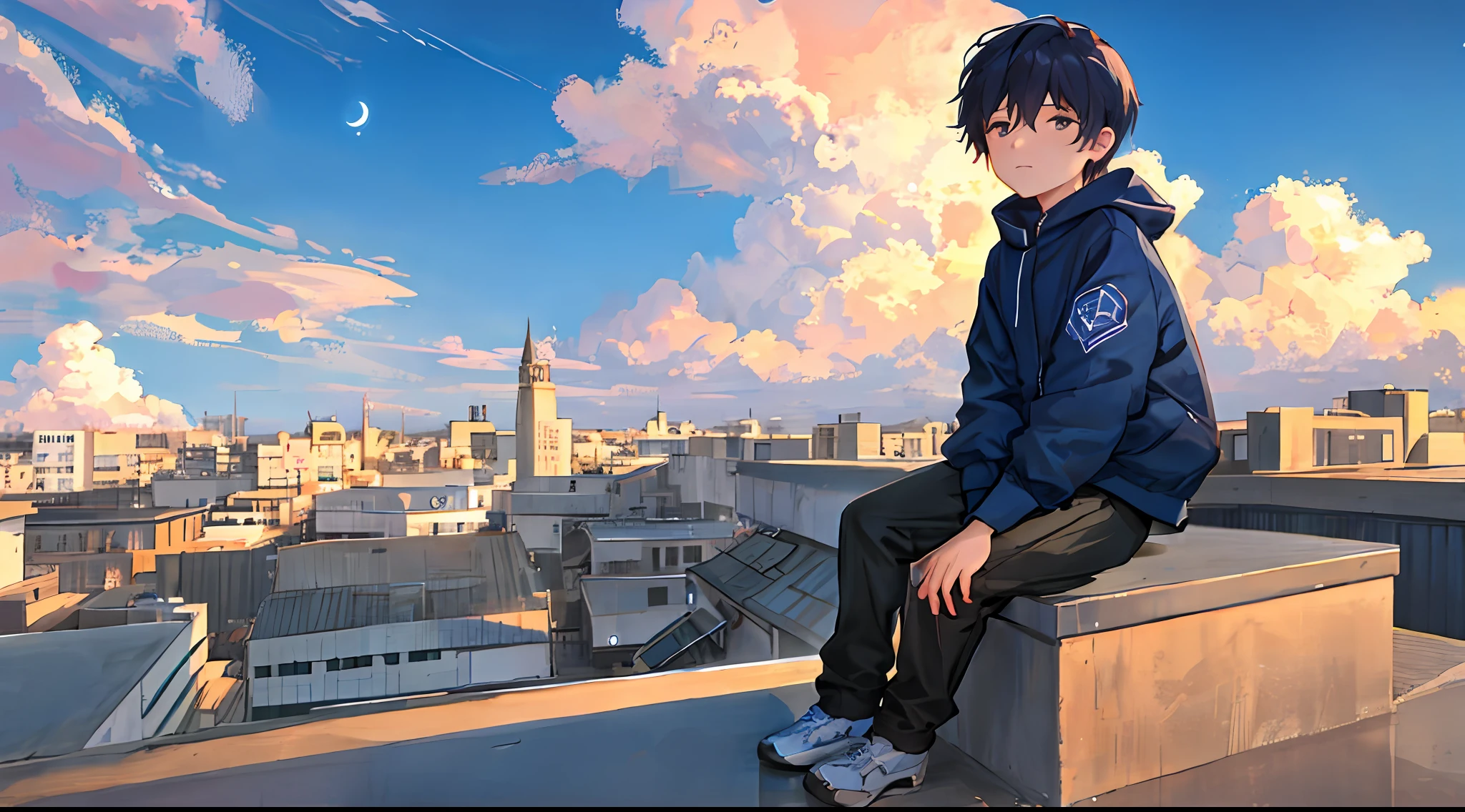 Handsome  boy in sweatshirt（Cartoon feel）Sit on the roof，looking at the distance（themoon）（Clouds, Blue sky, Sunset）Grief and thinking about life（grieves）Depressed（There is a sense of picture）Good effect，Nice background and beautiful scenery，Pictures have colors（The littles the main thing，Put big and small boys）