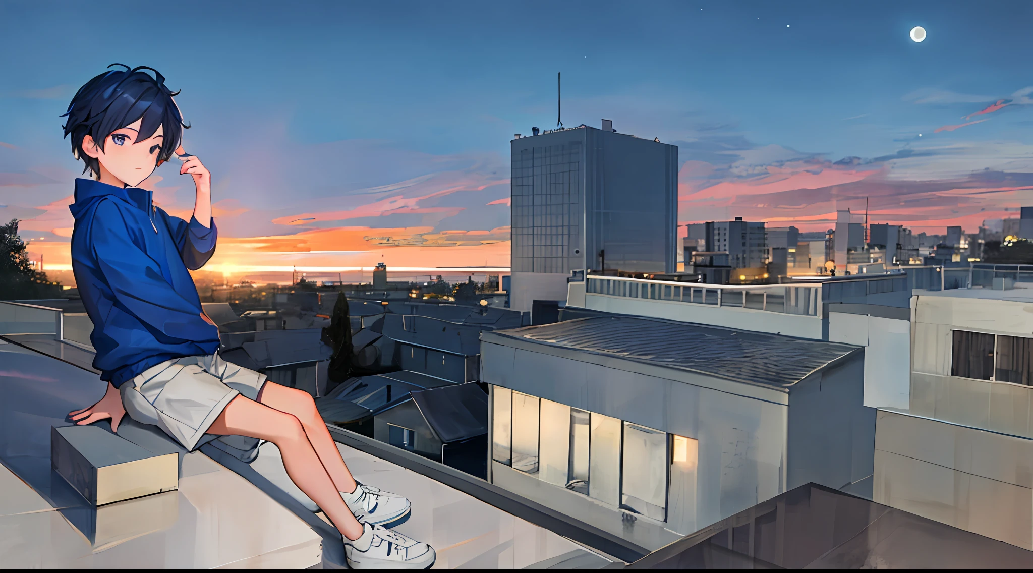 Handsome  in sweatshirt（Cartoon feel）Sit on the roof，looking at the distance（themoon）（Clouds, Blue sky, Sunset）Grief and thinking about life（grieves）Depressed（There is a sense of picture）Good effect，Nice background and beautiful scenery，Pictures have colors（The little boyin thing，Put big and small boys）