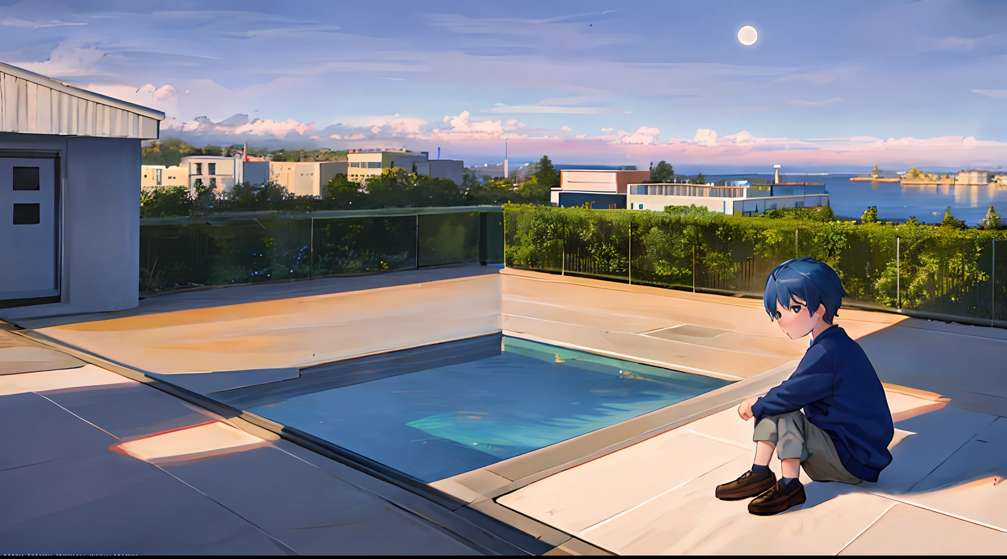 Handsome little boy in sweatshirt(Cartoon feel)Sit on the roof,looking at the distance(themoon)(Clouds, Blue sky, Sunset)Grief and thinking about life(grieves)Depressed(There is a sense of picture)Good effect,Nice background and beautiful scenery,Pictures have colors(The little boy is the main thing,Put big and small boys)