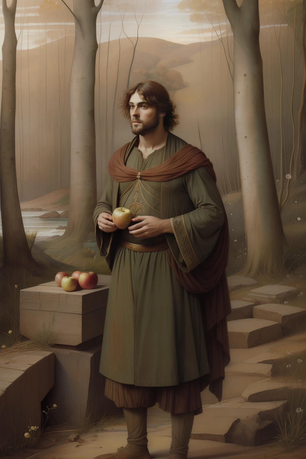 (((Pre Raphaelie Painting))) homem selvagem coberto de folhas de outono, holds an apple, miserable clothes, homem velho, barba branca, louco da floresta, paisagem celta, Floresta encantada, roupa rasgada, homem celta pobre, rustic man, macieiras, Mendigo, accompanied by a doe, ((efeito fada)) fadas, many small, diaphanous fairies