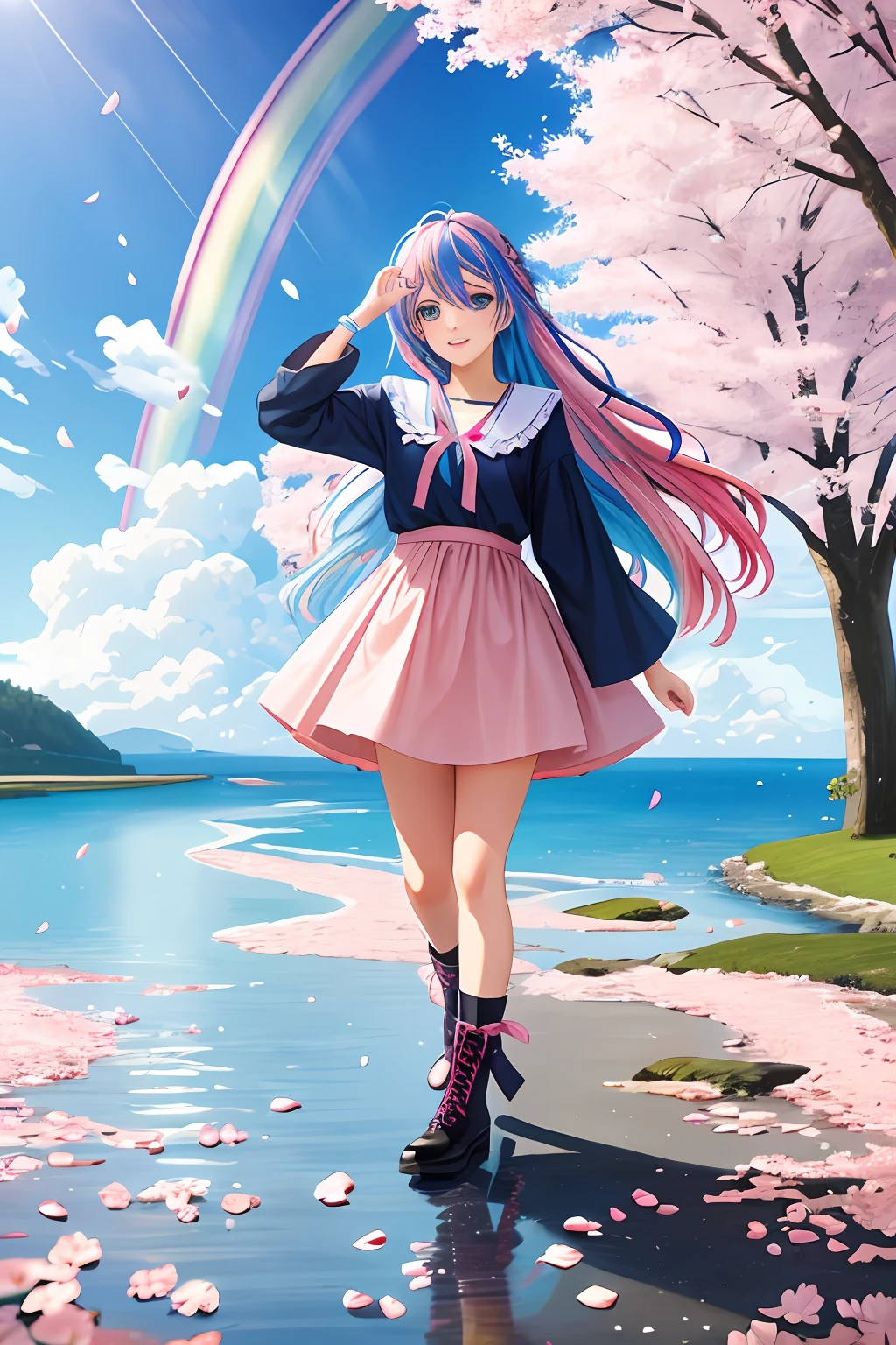 art noveau style,(masterpiece, best quality, ultra-detailed, high-res),perfect face,solo,1girl,(full body),(rainbow color Hair,colorful hair,half blue and half pink hair:1.4),a girl in a dress and boots is walking across a rainbow - colored field with a rainbow - colored sky behind her, Chizuko Yoshida, official art, a detailed painting, color field,petals, petals_on_liquid, falling_petals, rose_petals,cherry_blossoms, cloud, water, sky, solo, smile, blue_hair, ripples, blue_eyes, looking_at_viewer, twilight, flower, black_footwear, leaves_in_wind, sunset, boots, wind, ocean, outdoors, long_hair