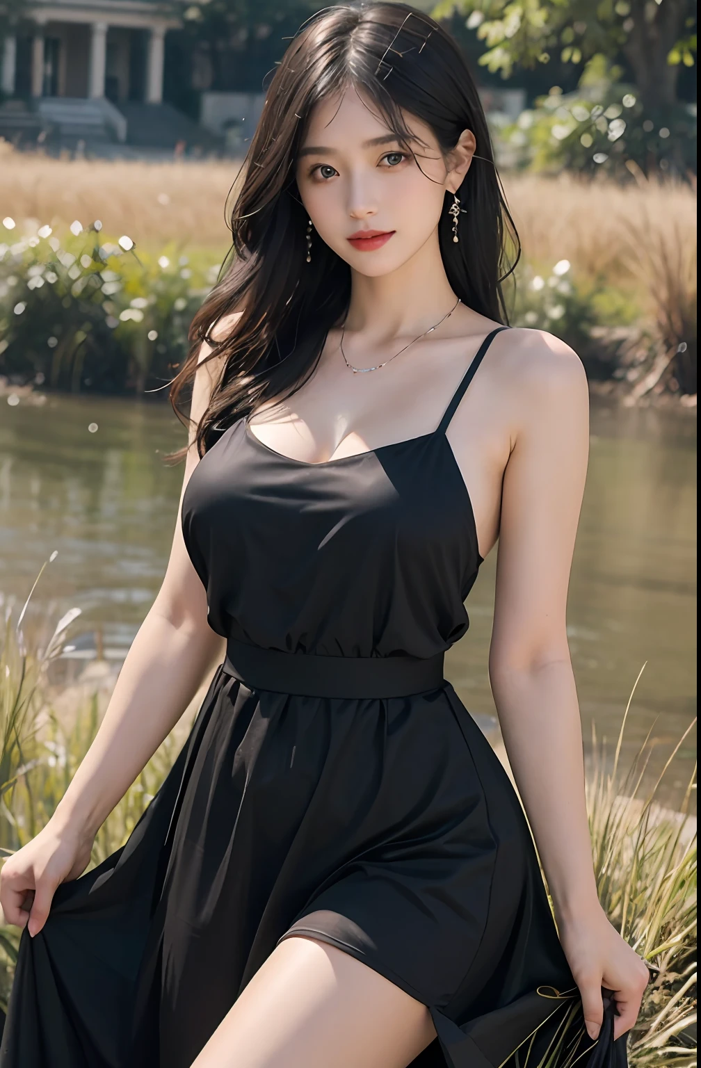 （（jon，Black color hair））， Stand up， （An extremely delicate and beautiful work）， （tmasterpiece）， 1girll， Delicate blue long dress，Shoulders are heavy，beautifullegs， highly  detailed， long whitr hair，full bodyesbian， Enchanted smile， beautiful and clear eyes， delicatenecklace， Delicate earrings， Extreme detail description， big breasts beautiful，s delicate face， fine collar bone，lovely lips， Behind the softness， mix4，（8K， RAW photos， best qualtiy， tmasterpiece：1.2）， （realisticlying， photograph realistic：1.4）， 1girll， adolable， Square after heavy rain，physically-based renderingt， full bodyesbian