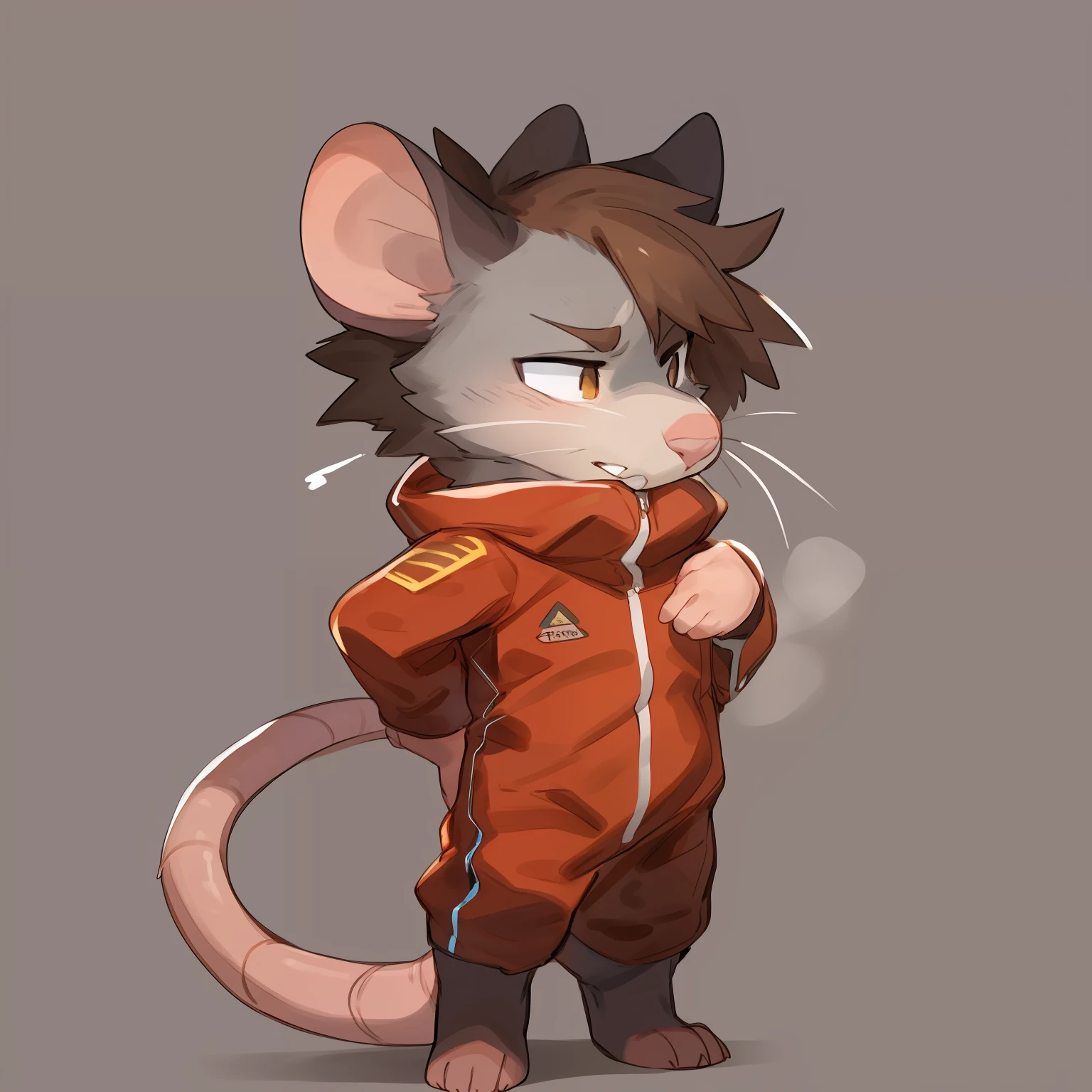 Solo, male, standing, by katarhein, (((rat))), pink nose, grey fur, brown hair, red military spacesuit, by bebebebebe, by buta99, messy hair, messy fur, ruffled fur, dirty, smelly, messy, stinky, crooked whiskers, tired eyes, annoyed, frustrated, angular tail, by buta99, by chunie, ((by glitter trap boy)), skinny, thin, slim, skrunkly, weak, pathetic