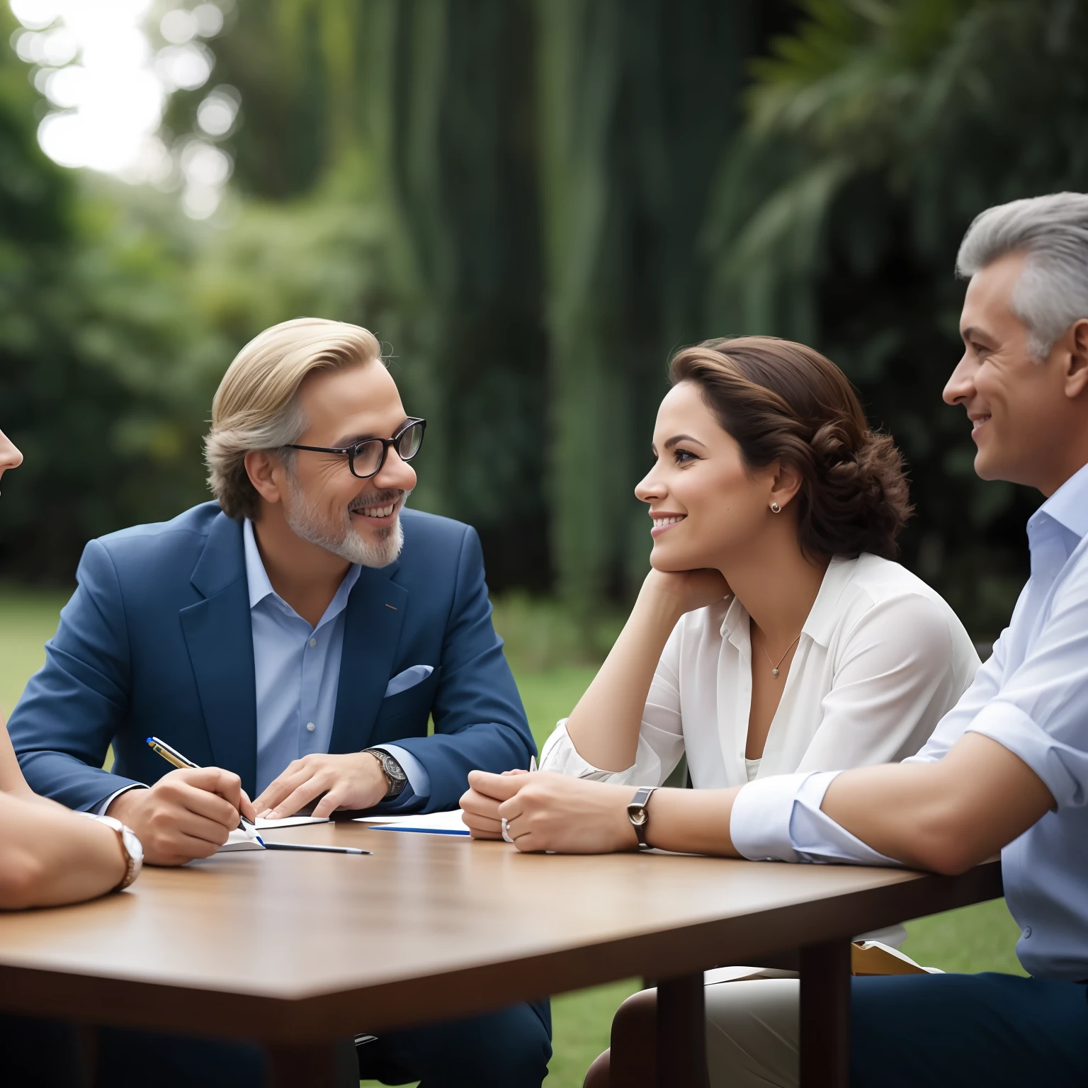 Three people sitting at a table with papers and pens, group sit at table, foto de retrato, fundo interessante, Divirta-se, in meeting together, divertindo-se, sitting on table, sentado em uma mesa, Business meeting, ao ar livre, in a scenic background, cool looking, people at the table, um grupo de pessoas, Beautiful image, candid shot