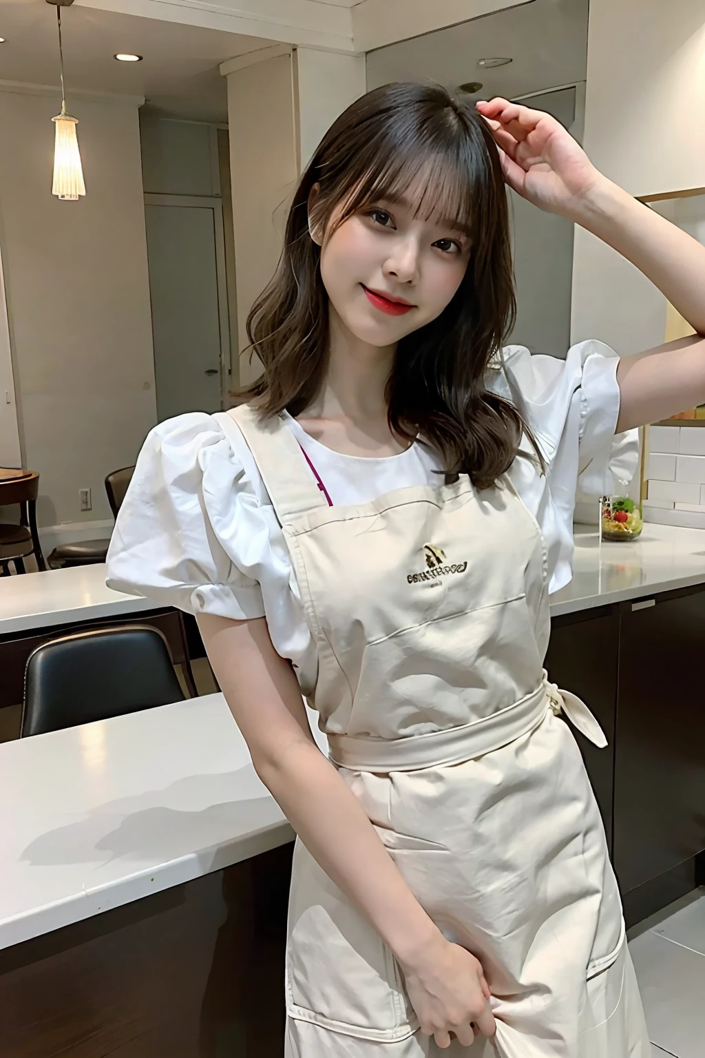 a woman is cooking、(kitchin_Apron:1.Wear 3)、Good Hand、4K、hight resolution、​masterpiece、top-quality、Cap:1.3、((Hasselblad photo))、Fine skin、foco nítido、(lighting like a movie)、Soft lighting、dynamic ungle、[:(详细的脸:1.2):0.2]、Medium chest、sweats streamed skin:1.2、(((In the kitchen))) A smile　Beautiful profile　Colossal tits　Beautiful body　Tying hair　Wide background々and a luxurious living room　Luxurious and luxurious living　Luxurious living room　Beautiful living room　Beautiful living room　A smile　an orange　lemons　A smile　Laughing　banana in　pineapple　Luxurious room　beautiful  lighting　Beautiful lighting　Very large room　very high image quality　very high res　8k Photos　Viewer's Perspective　Very gorgeous kitchen　Luxury Kitchen　　Millionaire Kitchen　Great kitchen　Luxury Kitchen　Luxury Illuminator　very wide々and kitchen　neat and beautiful　Classy and cute　bura　Standing　full body Esbian　Full body　Laughing　Long apron very luxurious life　Long skirt