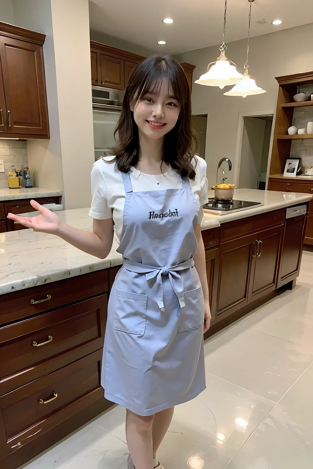 a woman is cooking、(kitchin_Apron:1.Wear 3)、Good Hand、4K、hight resolution、​masterpiece、top-quality、Cap:1.3、((Hasselblad photo))、Fine skin、foco nítido、(lighting like a movie)、Soft lighting、dynamic ungle、[:(详细的脸:1.2):0.2]、Medium chest、sweats streamed skin:1.2、(((In the kitchen))) A smile　Beautiful profile　Colossal tits　Beautiful body　Tying hair　Wide background々and a luxurious living room　Luxurious and luxurious living　Luxurious living room　Beautiful living room　Beautiful living room　A smile　an orange　lemons　A smile　Laughing　banana in　pineapple　Luxurious room　beautiful  lighting　Beautiful lighting　Very large room　very high image quality　very high res　8k Photos　Viewer's Perspective　Very gorgeous kitchen　Luxury Kitchen　　Millionaire Kitchen　Great kitchen　Luxury Kitchen　Luxury Illuminator　very wide々and kitchen　neat and beautiful　Classy and cute　bura　Standing　full body Esbian　Full body　Laughing　Long apron very luxurious life　Long skirt