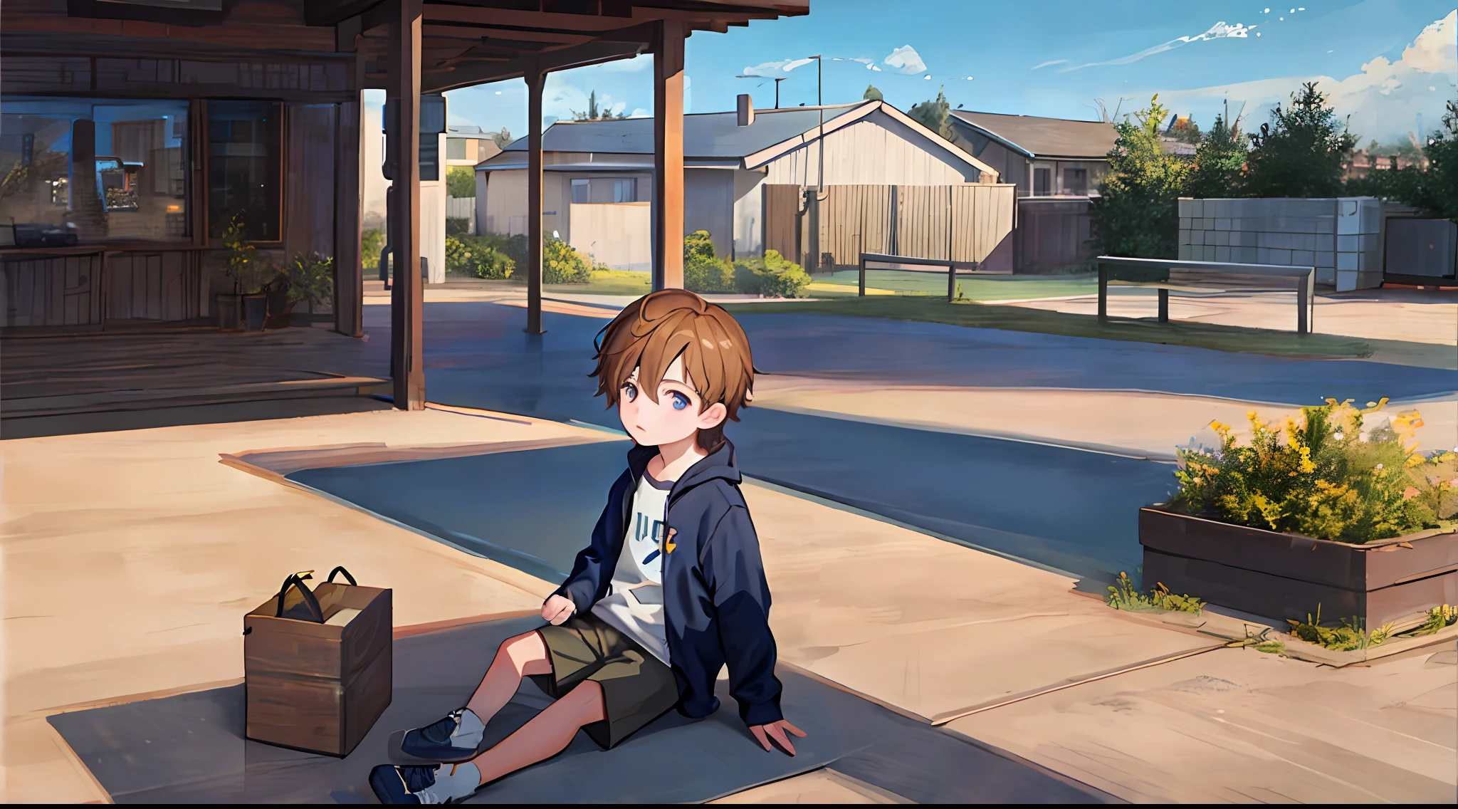 Handsome little boy in sweatshirt（Cartoon feel）facing away（Sideways）Sit on the roof，looking at the distance，Look into the distance（themoon）（Clouds, Blue sky, Sunset）Expressions sadness, sadness and reflections on life（grieves）Depressed（There is a sense of picture）Good effect，Nice background and beautiful scenery，Pictures have colors（The little boy is the main thing，Put big boys and little boys）
