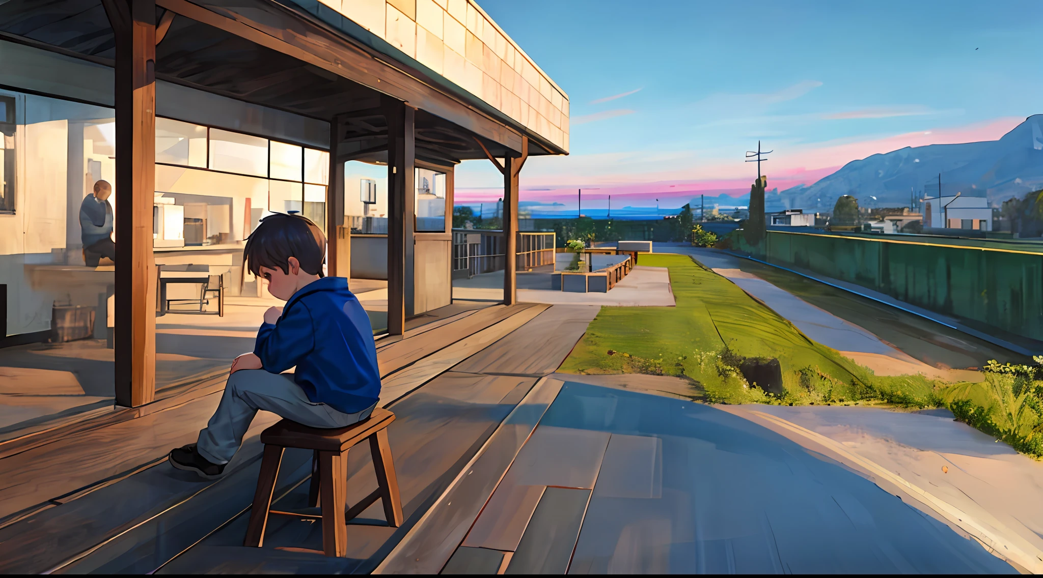 Handsome little boy in sweatshirt(Cartoon feel)facing away(Sideways)Sit on the roof,looking at the distance,Look into the distance(themoon)(Clouds, Blue sky, Sunset)Expressions sadness, sadness and reflections on life(grieves)Depressed(There is a sense of picture)Good effect,Nice background and beautiful scenery,Pictures have colors(The little boy is the main thing,Put big boys and little boys)