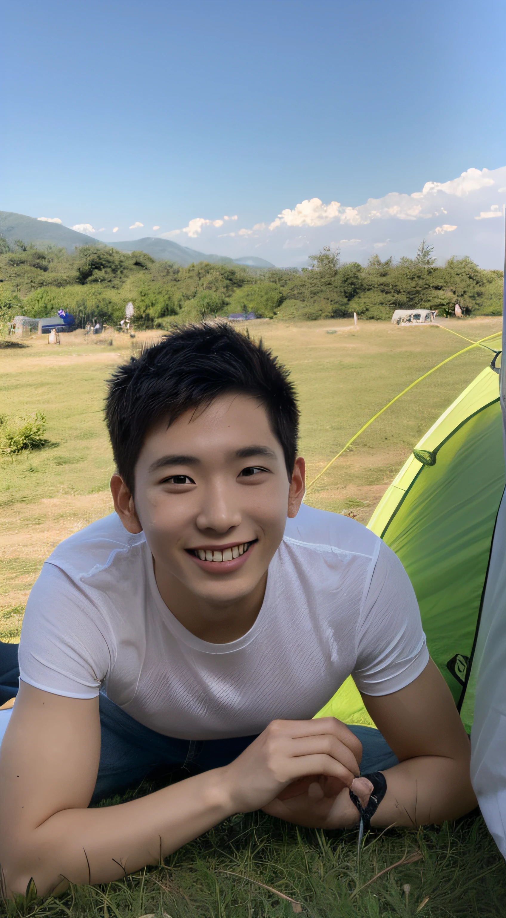 Male, about 25 years old, smile, sharp focus, full body (1.5), summer, shirt, wonderful, camping, view from bottom