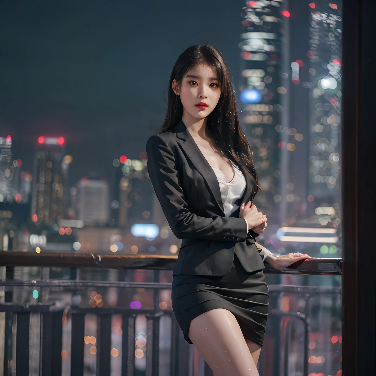 nikon RAW photo,8 k,Fujifilm XT3,photorealistic,realistic, solo, photorealistic, best quality, ultra high res, (skin spots:0.1) serious expression, , standing against a city skyline at night,business suits, short, wet and tight shirt,Suit skirt beautiful, masterpiece, best quality, extremely detailed face, perfect lighting, solo,1girl, sexy sight best quality, ultra high res, photorealistic, ultra detailed, masterpiece, best quality, iu1, big buttocks