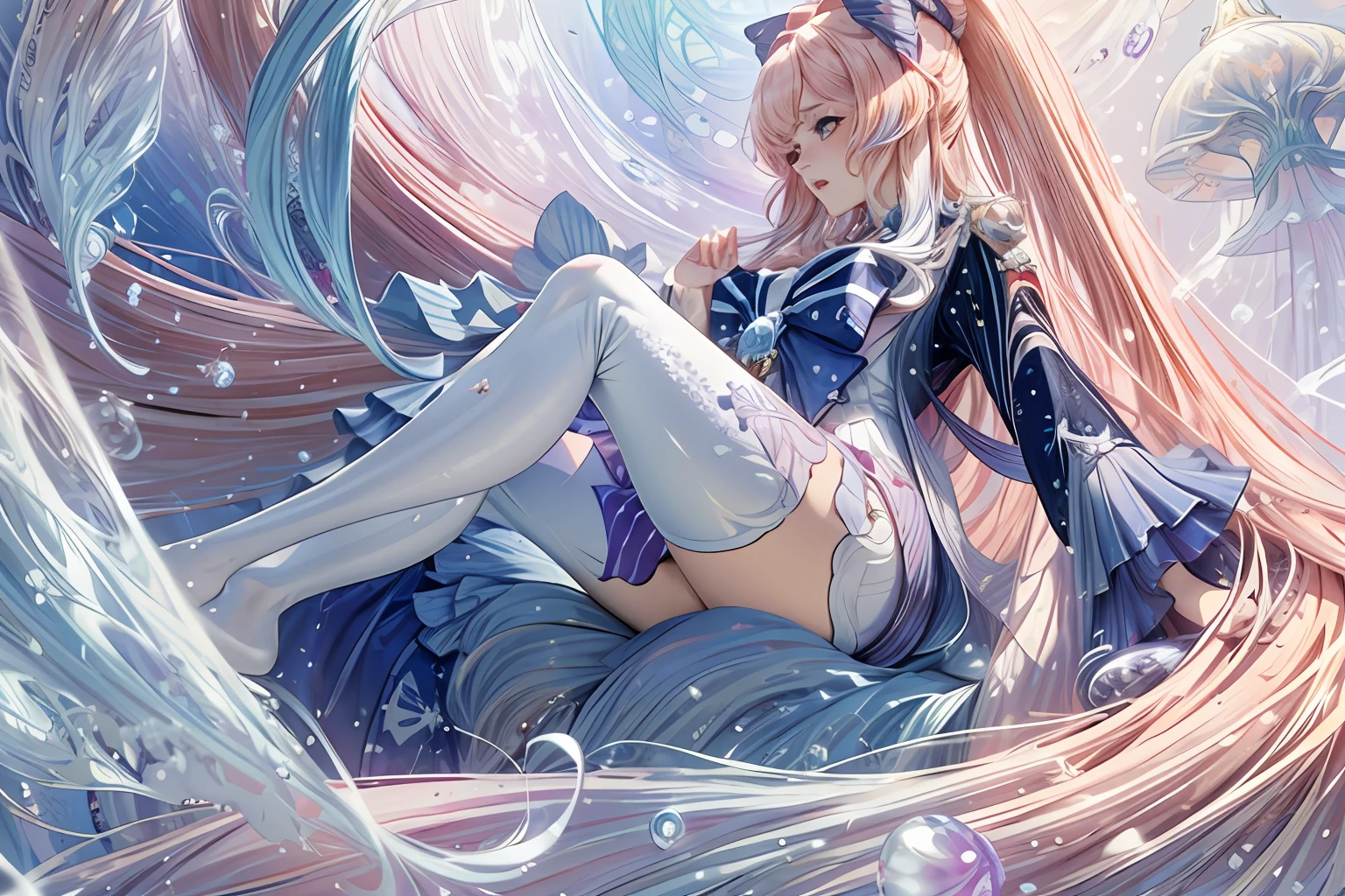 (masterpiece, top quality, best quality, official art, beautiful and aesthetic:1.2), (1girl),extreme detailed,(fractal art:1.5),colorful,highest detailed,[pink waves| iridescent pearls]hair, very long hair,(Scattered), (flowing hair:1.5),floating pastel pink hair, translucent clothes, big bow on her chest, surrounded by pearls and seashells, underwater, cinematic light, dark blue long sleeves, long white stockings, bubbles, jellyfish
