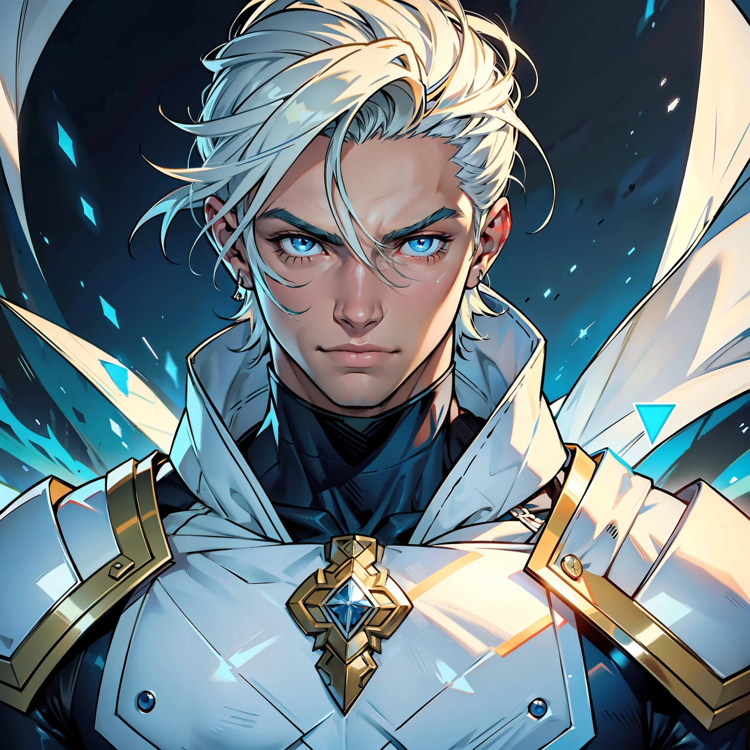 homem, guerreiro, belo espetado branco, rosto detalhado, olhos azuis, blue eyes, defined muscles, vestes pretas e largas, foco nítido, marca de combate