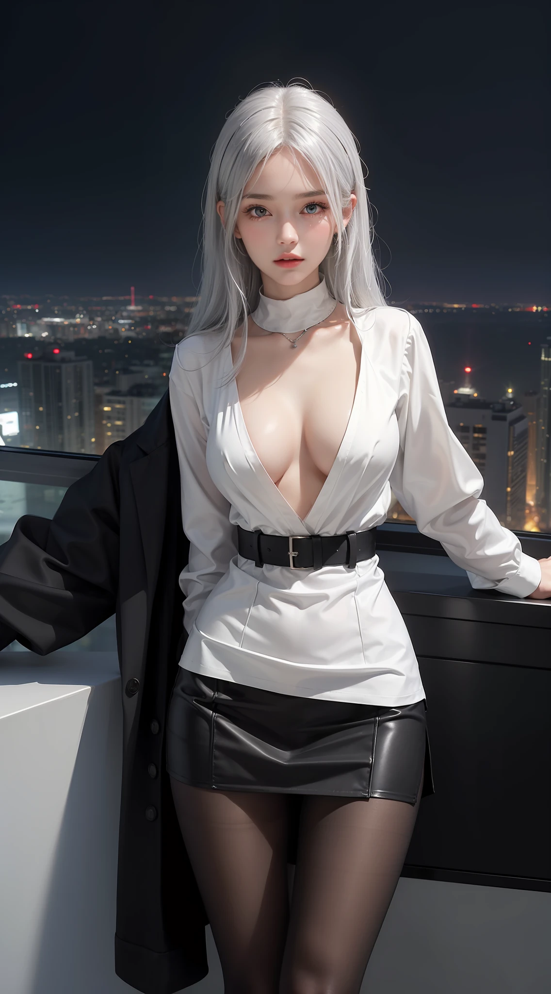 ((Best quality, 8k, Masterpiece :1.3)), Whole body, Sharp focus :1.2, A pretty woman with perfect figure :1.4, Slender abs :1.2, ((light silver hair, medium breasts :1.2)), body skirt :1.5, (Night city view, luxury office :1.1), Highly detailed face and skin texture, Detailed eyes, Double eyelid, Office Wear, white shirt,mini skirt, (Black Pantyhose), (No Bra), (No Panties), spread legs