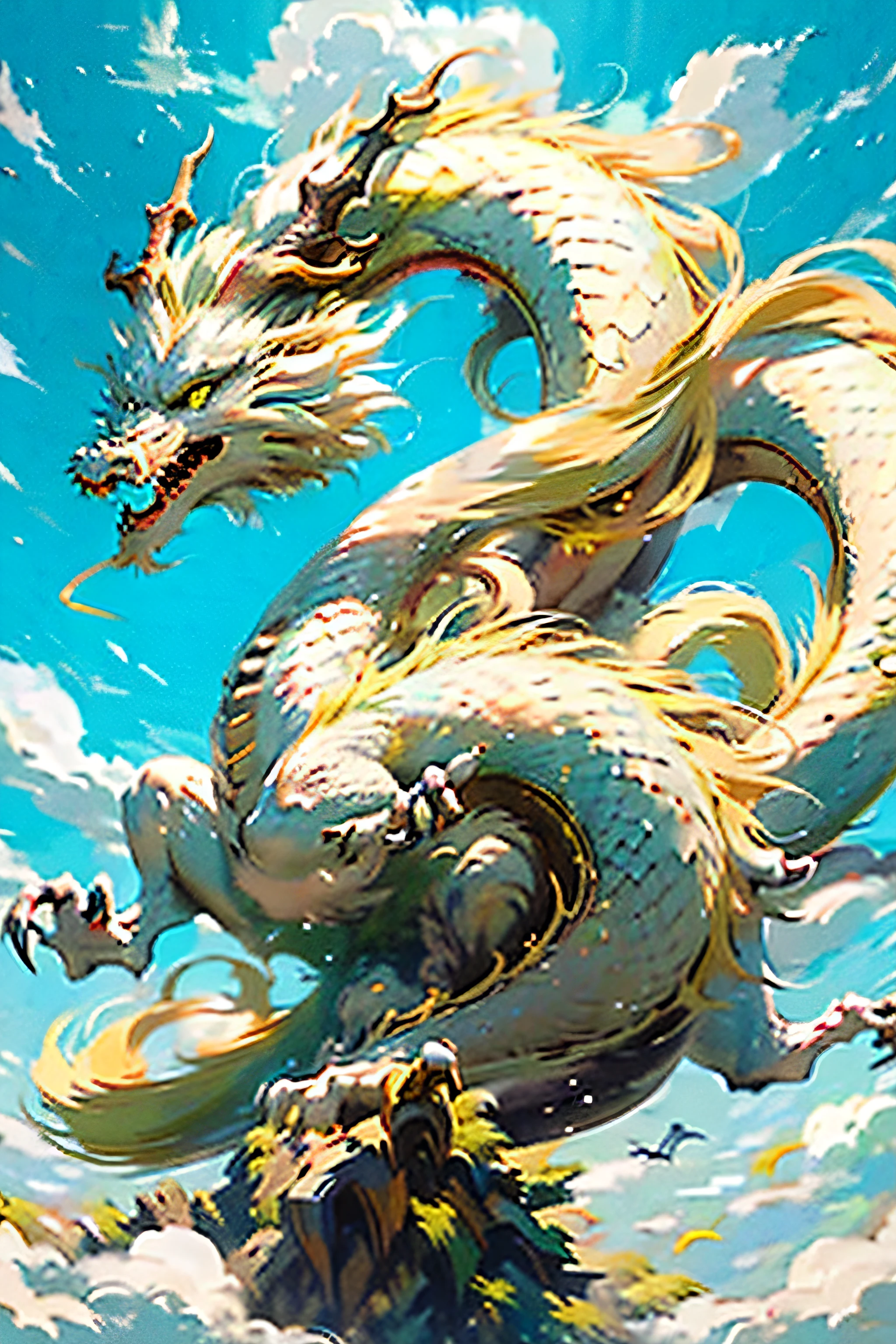 Best quality,masterpiece,ultra high res,nu no humans, (long:1.2),sky, yellow eyes, cloud, scales, eastern dragon, open mouth, sharp teeth, flying, horns, teeth, day, claws, fangs, blue sky
