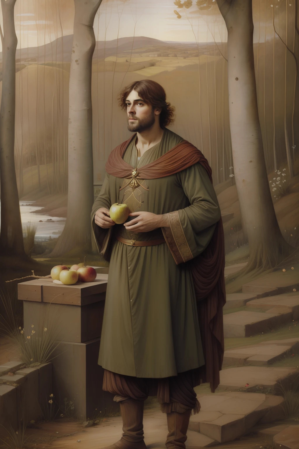 (((Pre Raphaelie Painting))) homem selvagem coberto de folhas de outono, holds an apple, miserable clothes, homem velho, barba branca, louco da floresta, paisagem celta, Floresta encantada, roupa rasgada, homem celta pobre, rustic man, macieiras, Mendigo, accompanied by a doe, ((efeito fada)) Fadas, Diaphanous fairies, Points of Feeric Light.