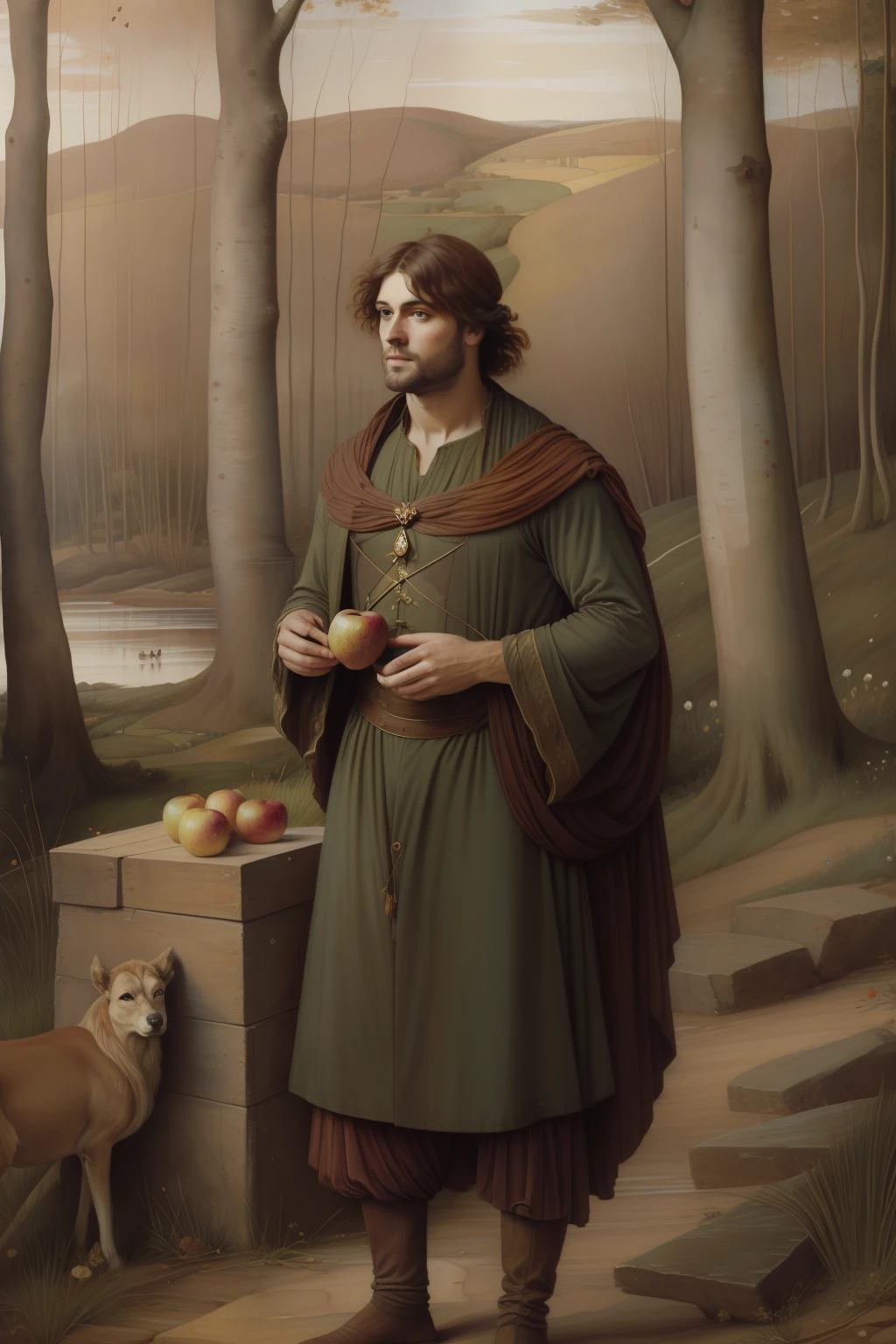 (((Pre Raphaelie Painting))) homem selvagem coberto de folhas de outono, holds an apple, miserable clothes, homem velho, barba branca, louco da floresta, paisagem celta, Floresta encantada, roupa rasgada, homem celta pobre, rustic man, macieiras, Mendigo, accompanied by a doe, ((efeito fada)) Fadas, Diaphanous fairies, Points of Feeric Light.