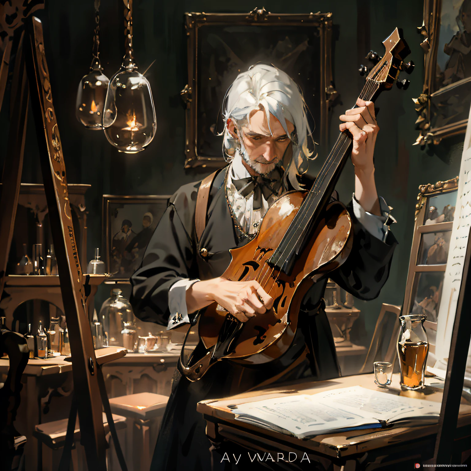 Edgar Bundy: Antonio Stradivari at work in his studio (1893).