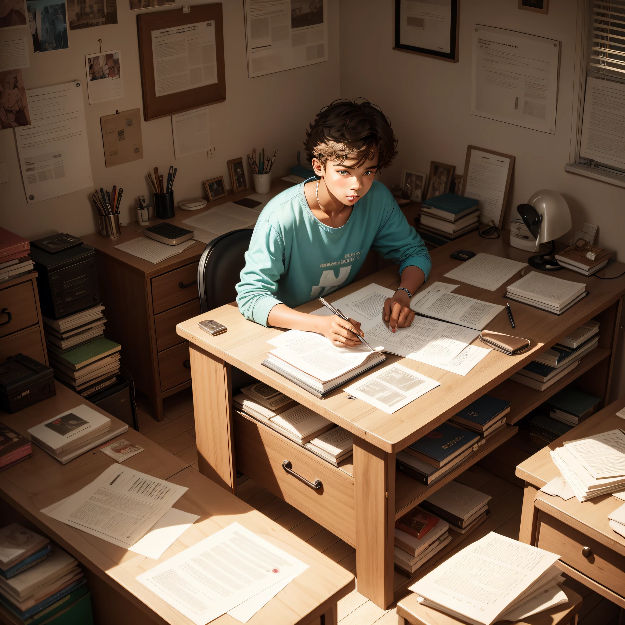 A In His Bedroom Sitting In Front Of The Desk Studying. The room is messy