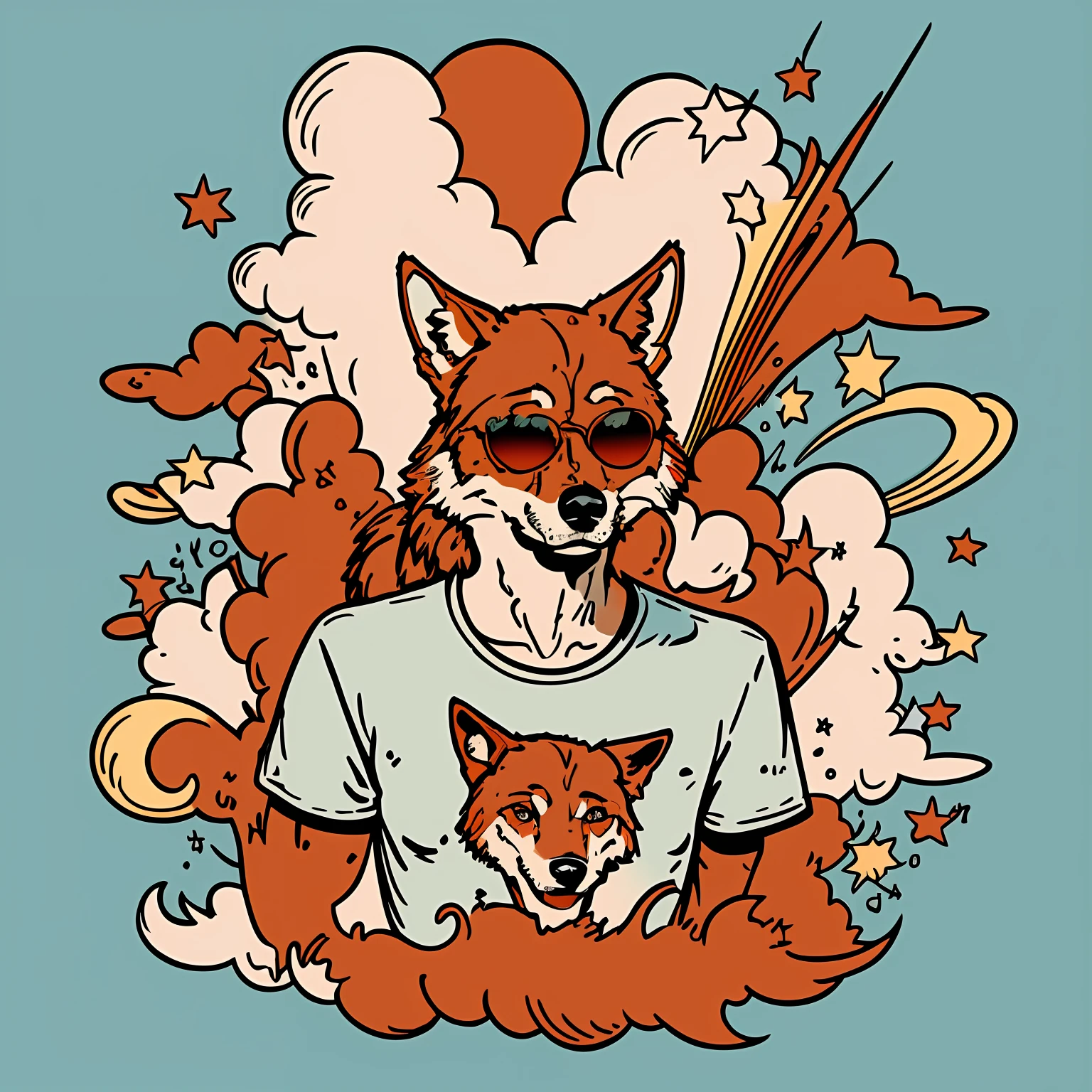 illustration of a wolf wearing sunglass and a tshirt, portrait, anthropomorphic wolf, vector art style, wolf wearing stylish clothes, cartoon style illustration, in style of digital illustration, wolf animal, pop punk art style