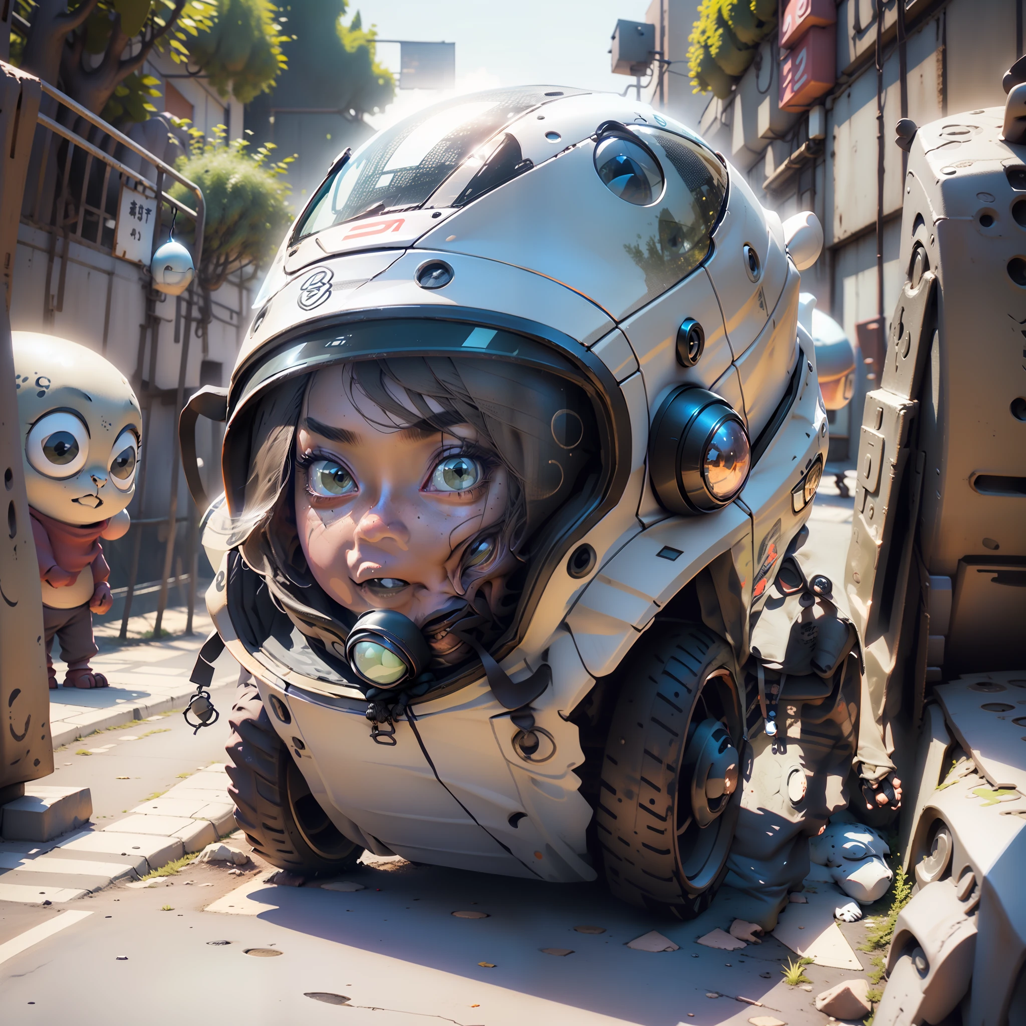 there is a small alien head on the sidewalk of a residential area, alien looking, humanoid car head, alien head, realistic alien, found on google street view, 3d model of a japanese mascot, in a park on a alien planet, in a park on an alien planet, japanese cgi, alien like, grey alien, aliens in the background